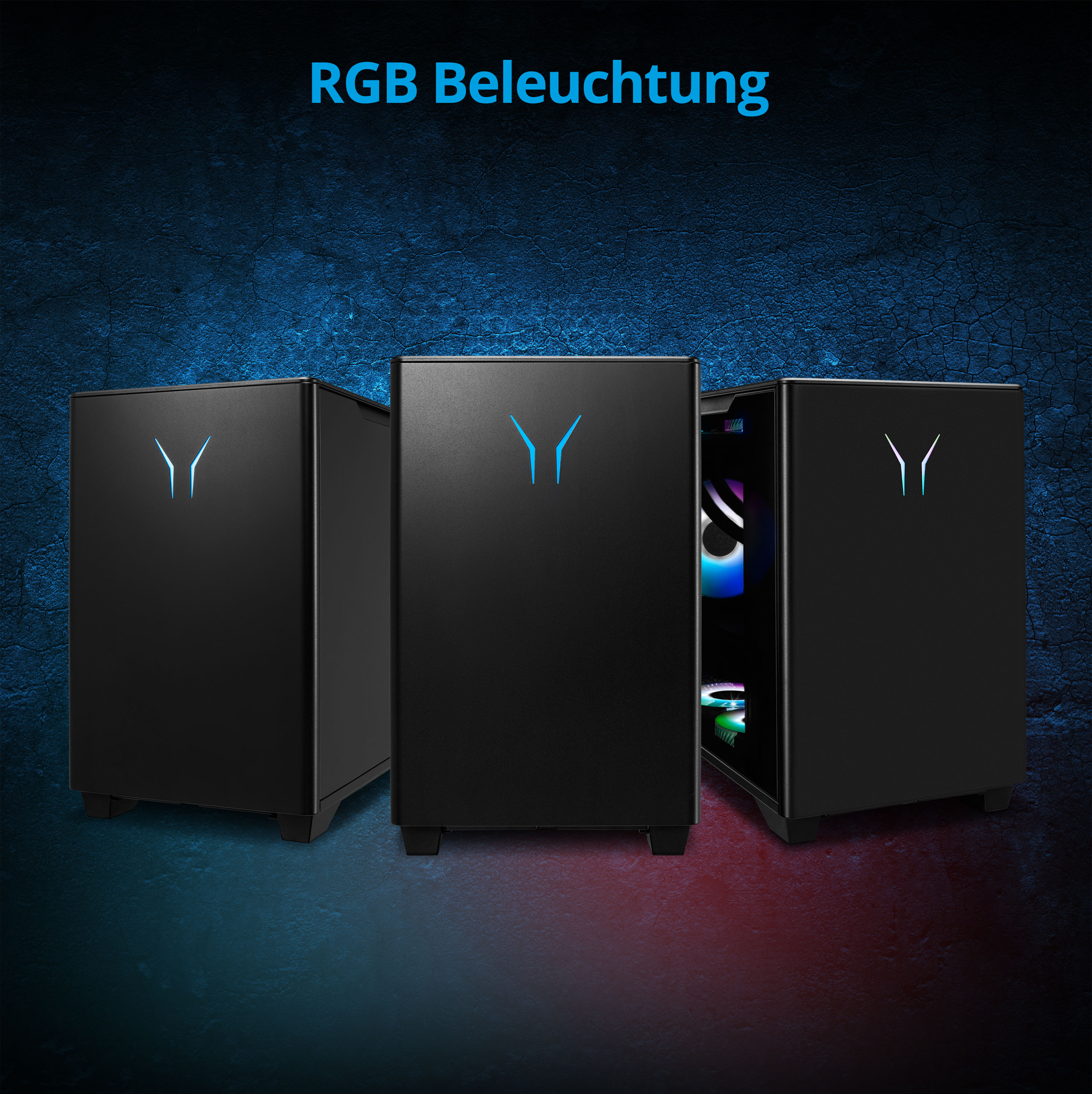 Drei schwarze Computertürme mit RGB-Beleuchtung. Der Text lautet 'RGB-Beleuchtung'. Blauer und roter Hintergrund.