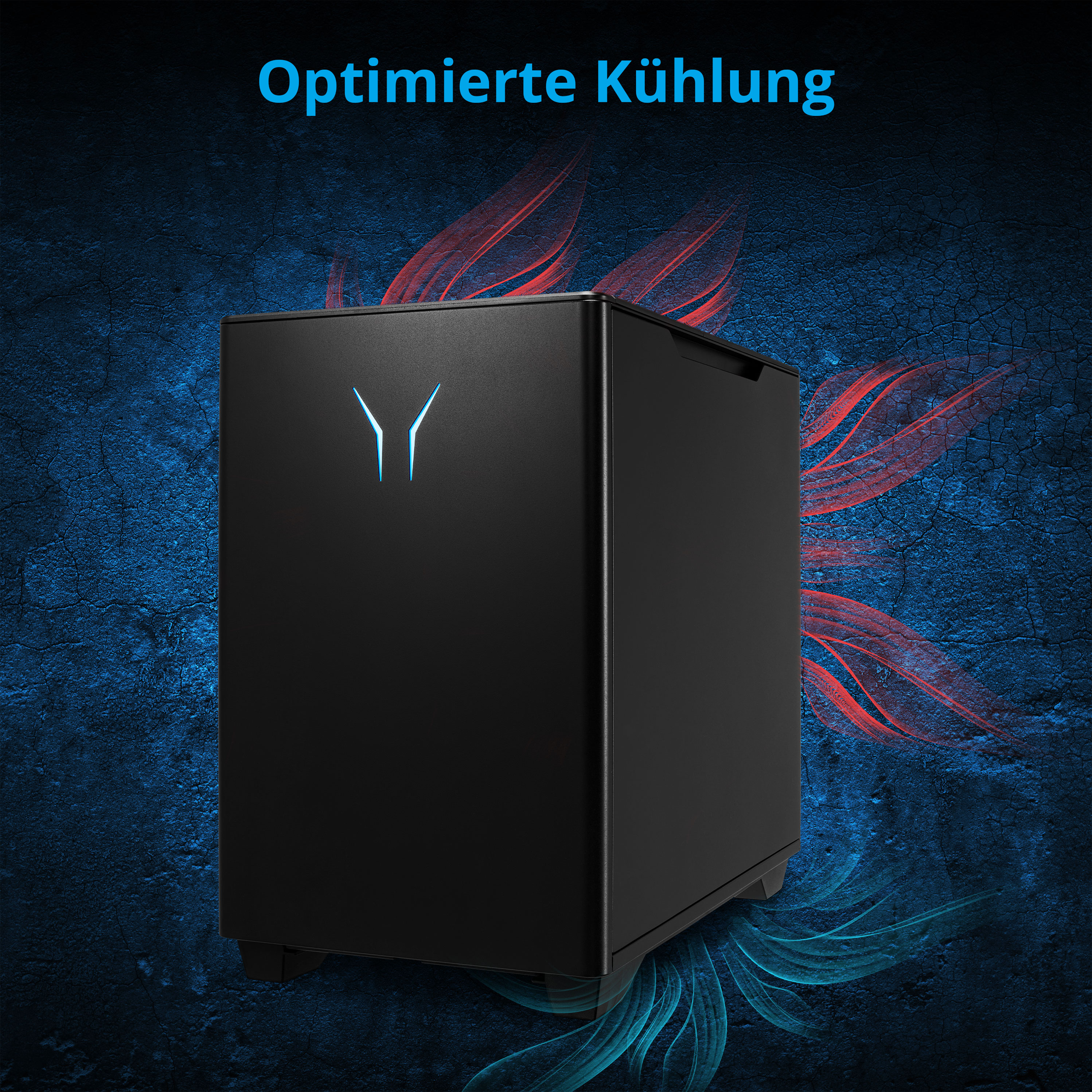 Ein schwarzer Computerturm mit blauem und rotem Hintergrund. Text sagt 'Optimierte Kühlung'.