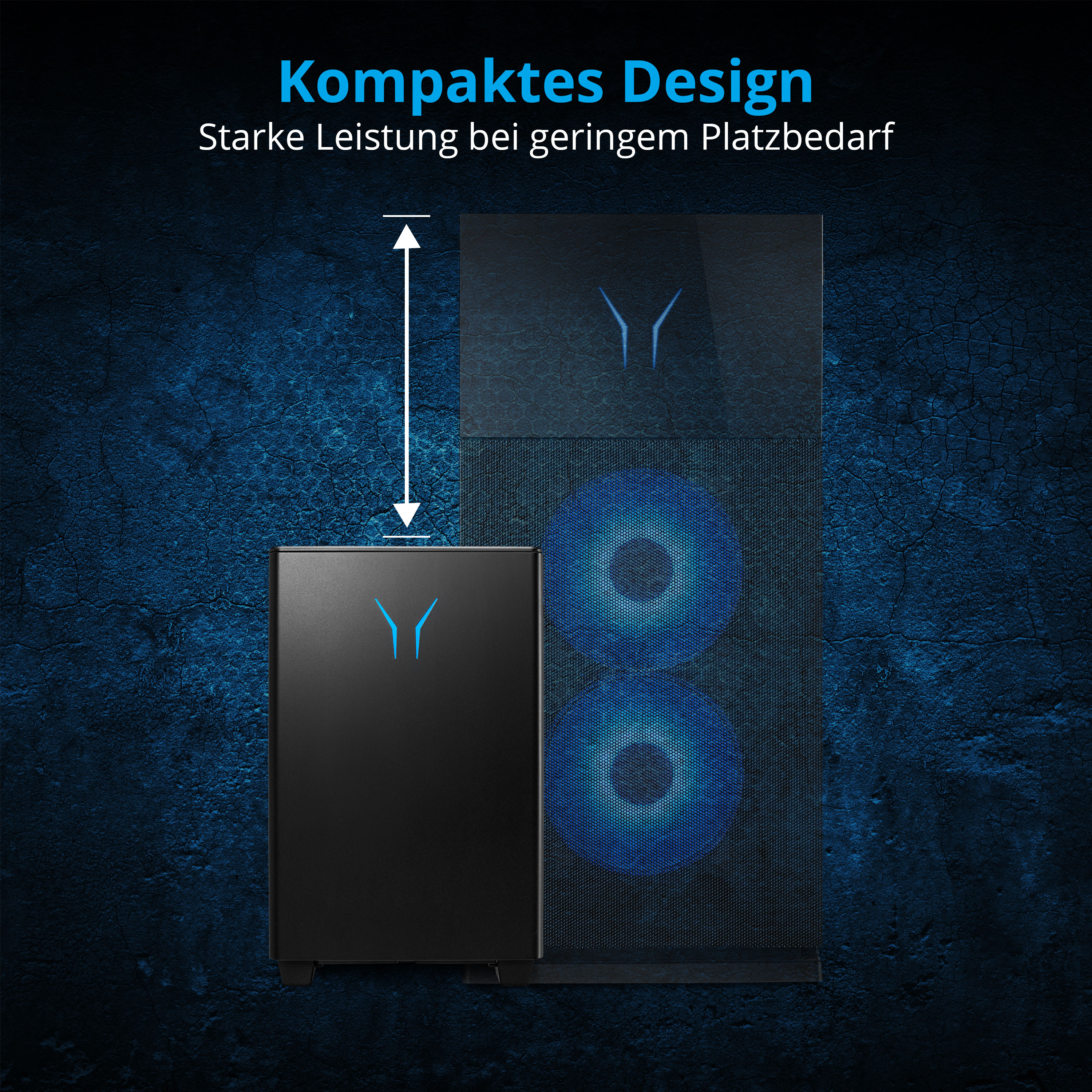 Ein schwarzer Computerturm mit blauem Hintergrund. Text sagt 'Kompaktes Design, starke Leistung, geringer Platzbedarf'.
