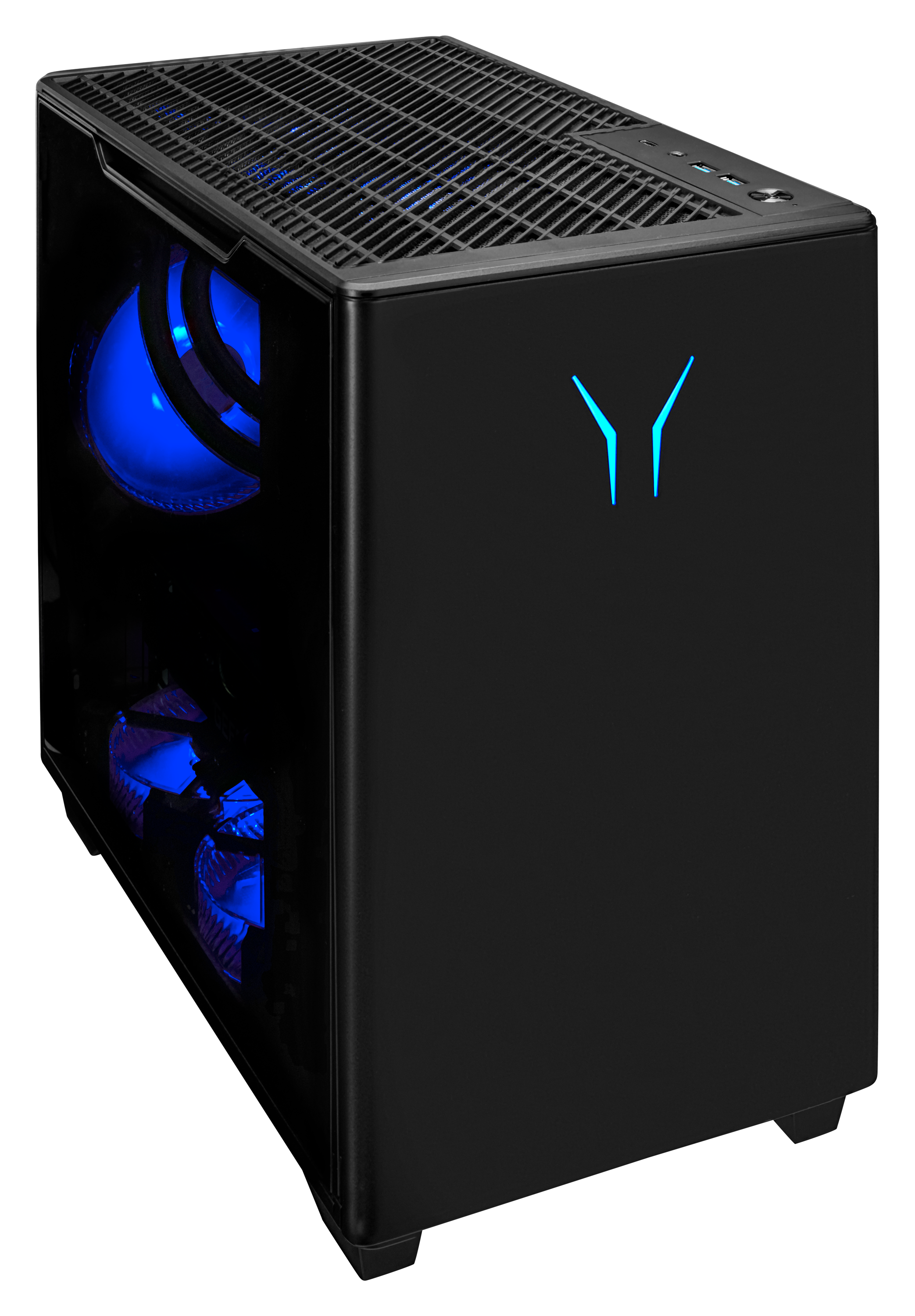 Schwarzes Computergehäuse mit blauen Lichtern und einem Logo.