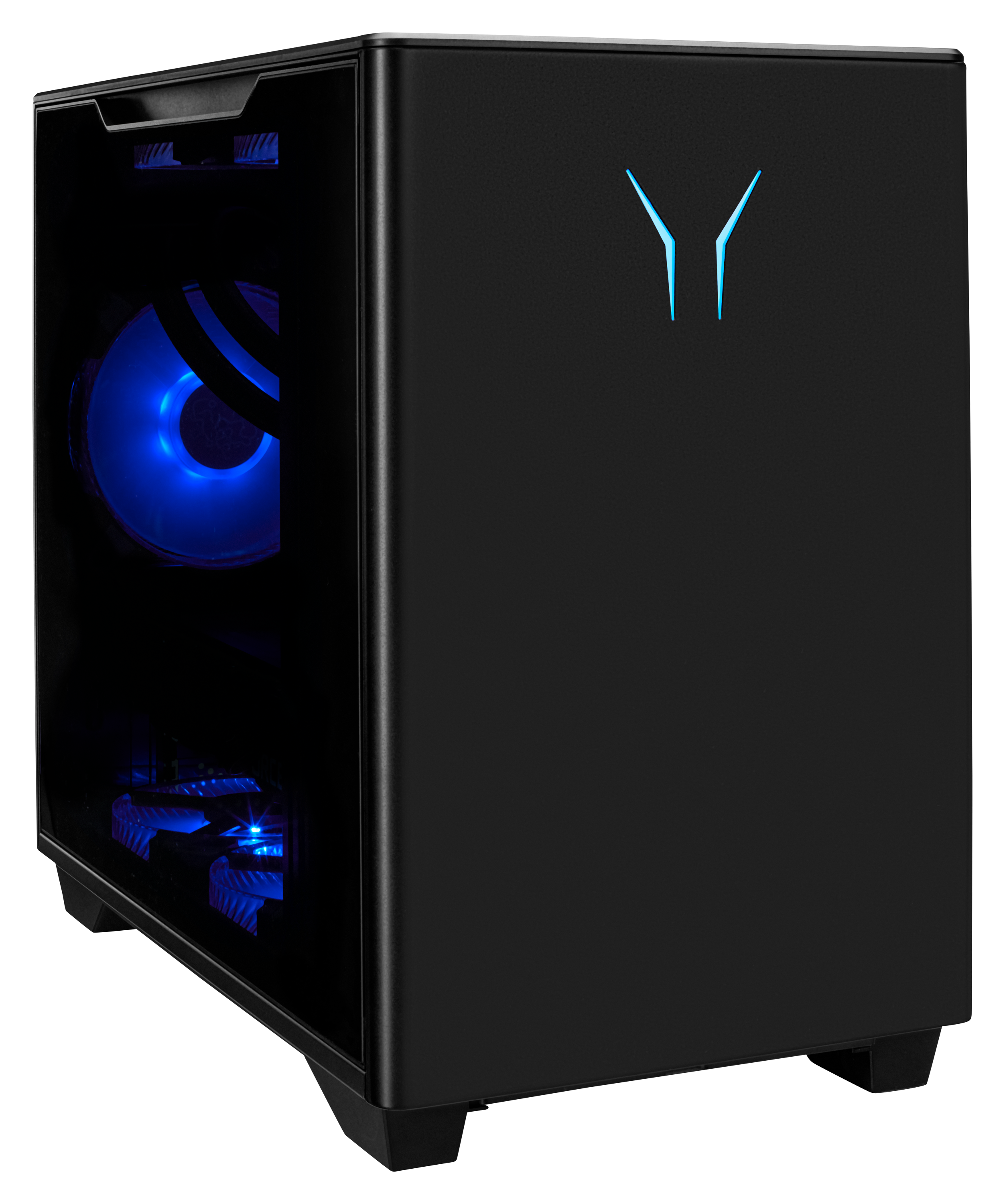 Schwarzes Computergehäuse mit blauen Lichtern, Glasplatte und blauem Logo. Das Gehäuse steht auf schwarzem Untergrund.