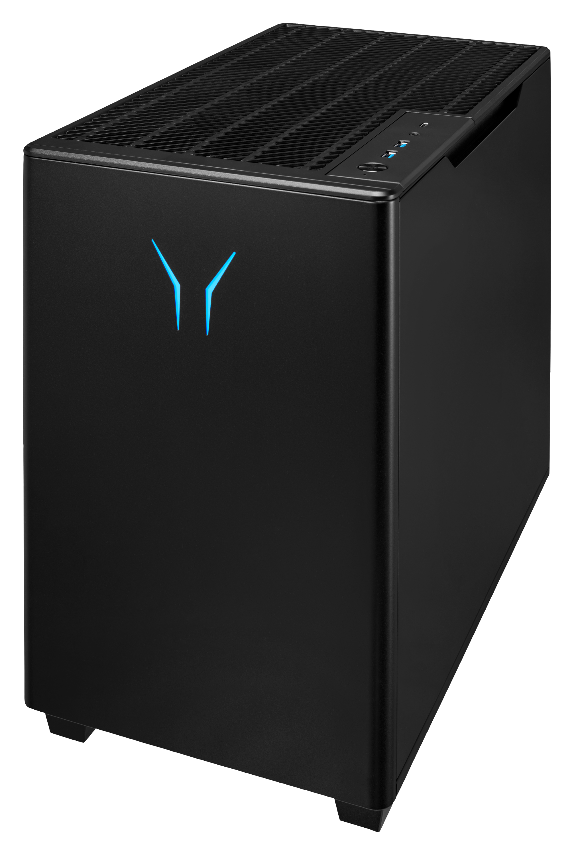 Schwarzes Computergehäuse mit blauem Logo. Die Oberseite hat Lüftungsschlitze und ein Bedienfeld. Es steht auf schwarzem Untergrund.
