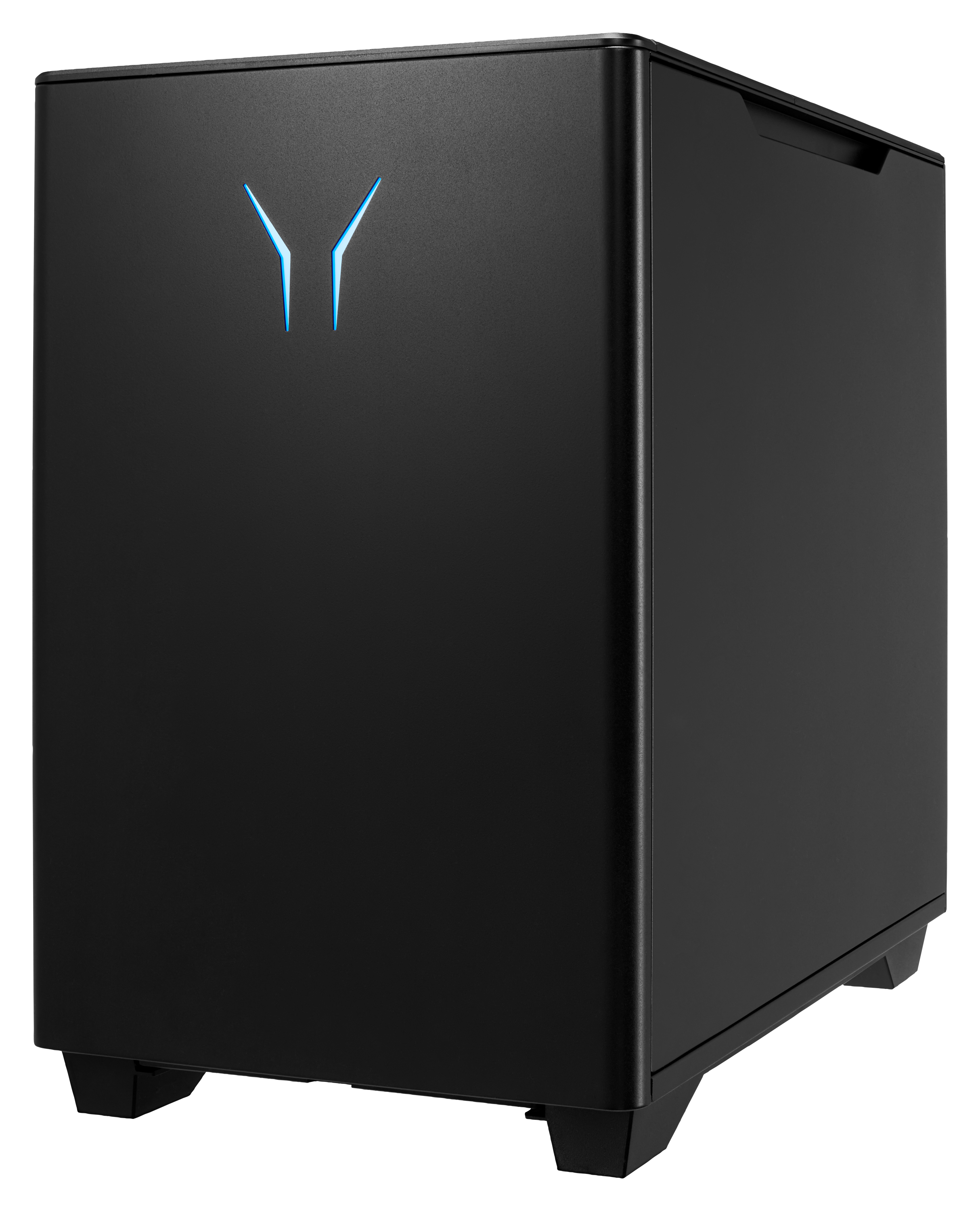 Schwarzes Computergehäuse mit blauem Logo. Das Gehäuse steht auf schwarzem Untergrund. Es hat ein schlankes, kastenförmiges Design.
