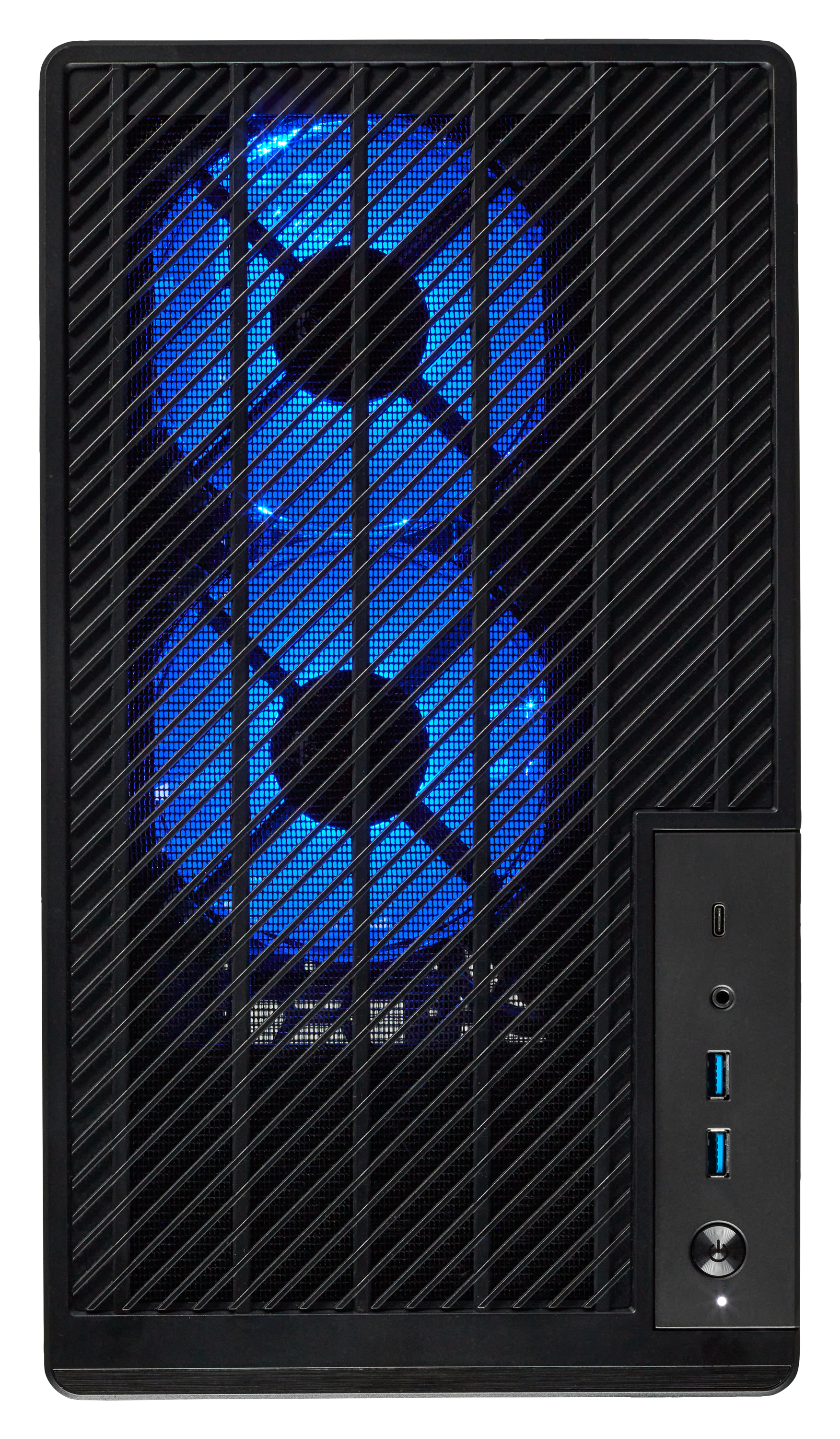 Schwarzes Computergehäuse mit zwei blauen Lüftern, die durch ein Gitter sichtbar sind. Das Gehäuse hat ein Bedienfeld rechts.