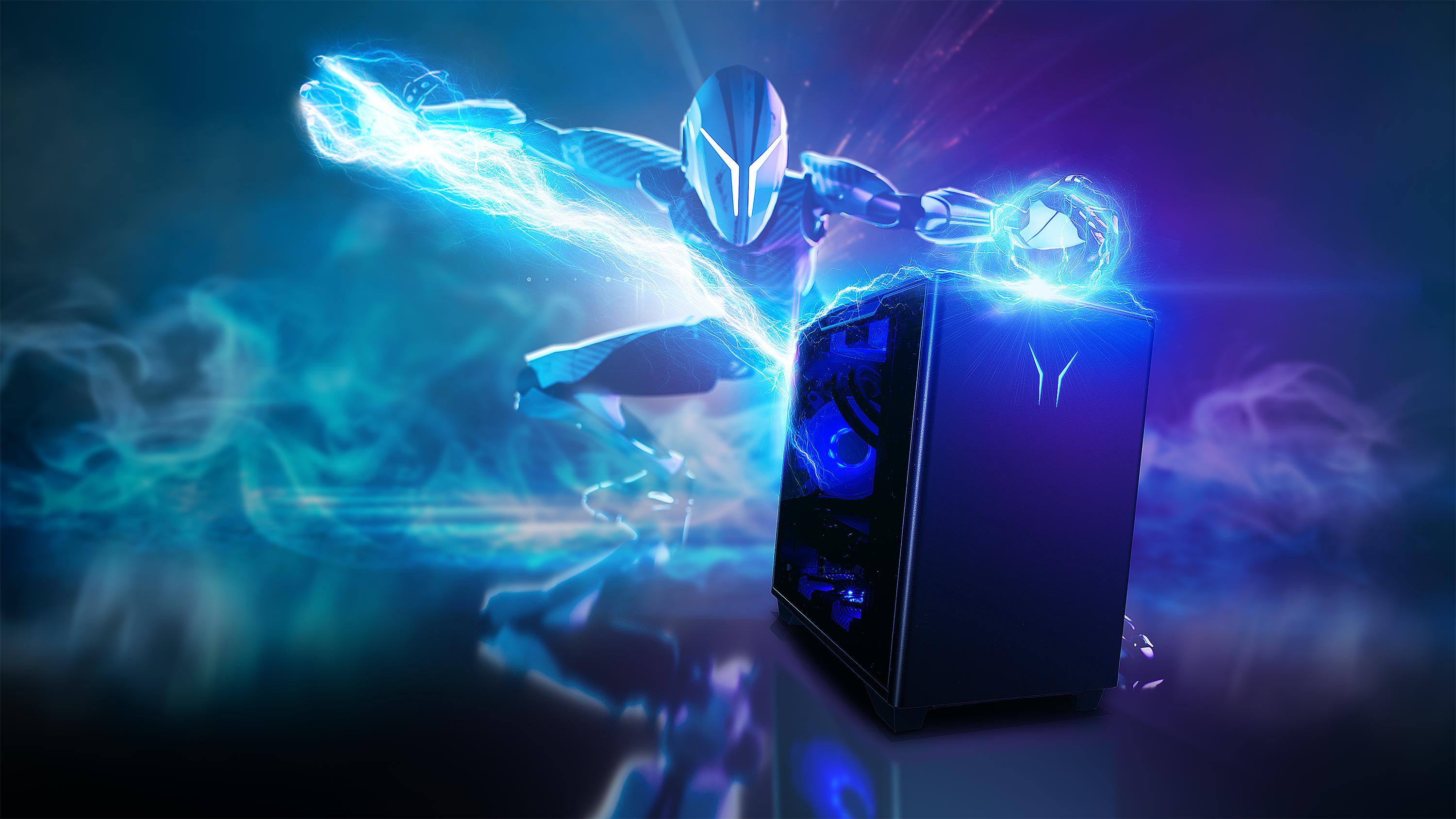 Eine futuristische Figur greift nach einem schwarzen Computergehäuse mit blauen Lichtern. Energie umgibt sie.