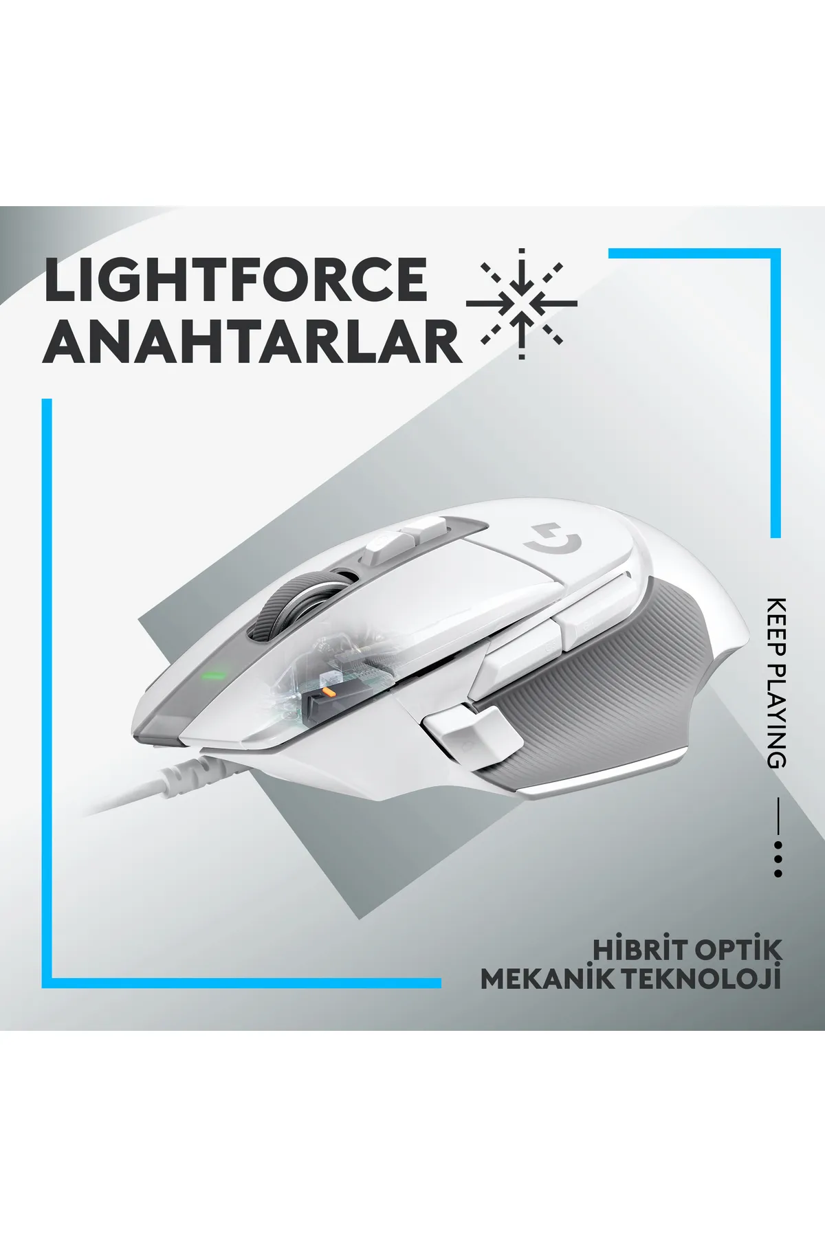 Beyaz oyun faresi, gri detaylar. Metin 'LIGHTFORCE ANAHTARLAR' ve 'HİBRİT OPTİK MEKANİK TEKNOLOJİ' yazıyor.