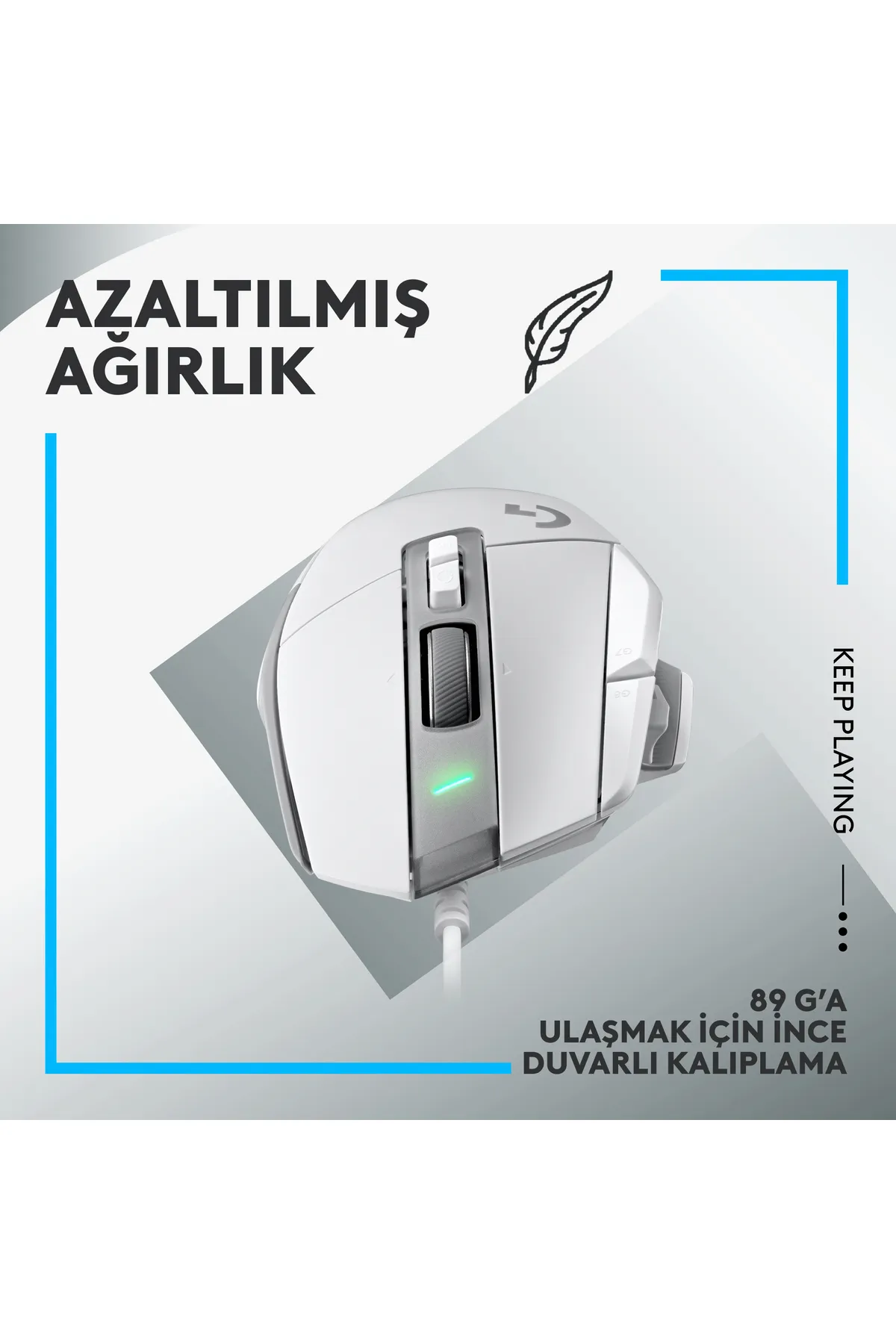 Yan tuşları ve ışığı olan beyaz oyuncu faresi, Türkçe metinle.