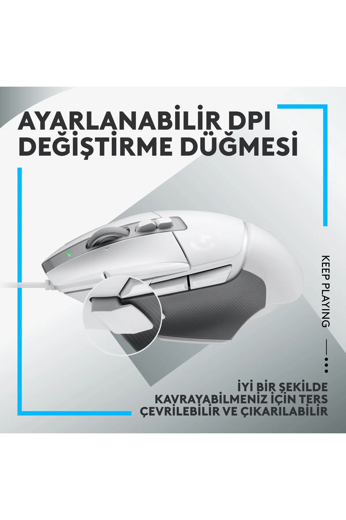 Ayarlanabilir DPI düğmeli beyaz oyuncu faresi. Daha iyi tutuş için çıkarılabilir ve ters çevrilebilir tutuşa sahip.