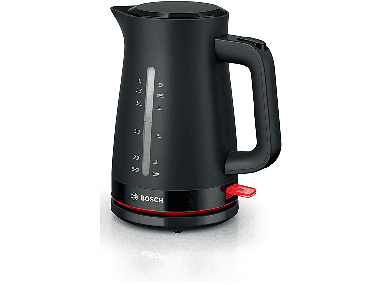 Bollitore BOSCH TWK3M123, Capacità 1.7 L, Spegnimento Automatico, Riscaldamento Rapido, Filtro Anticalcare Removibile, Indicatore Livello dell'Acqua Esterno, Facile da Pulire, Nero