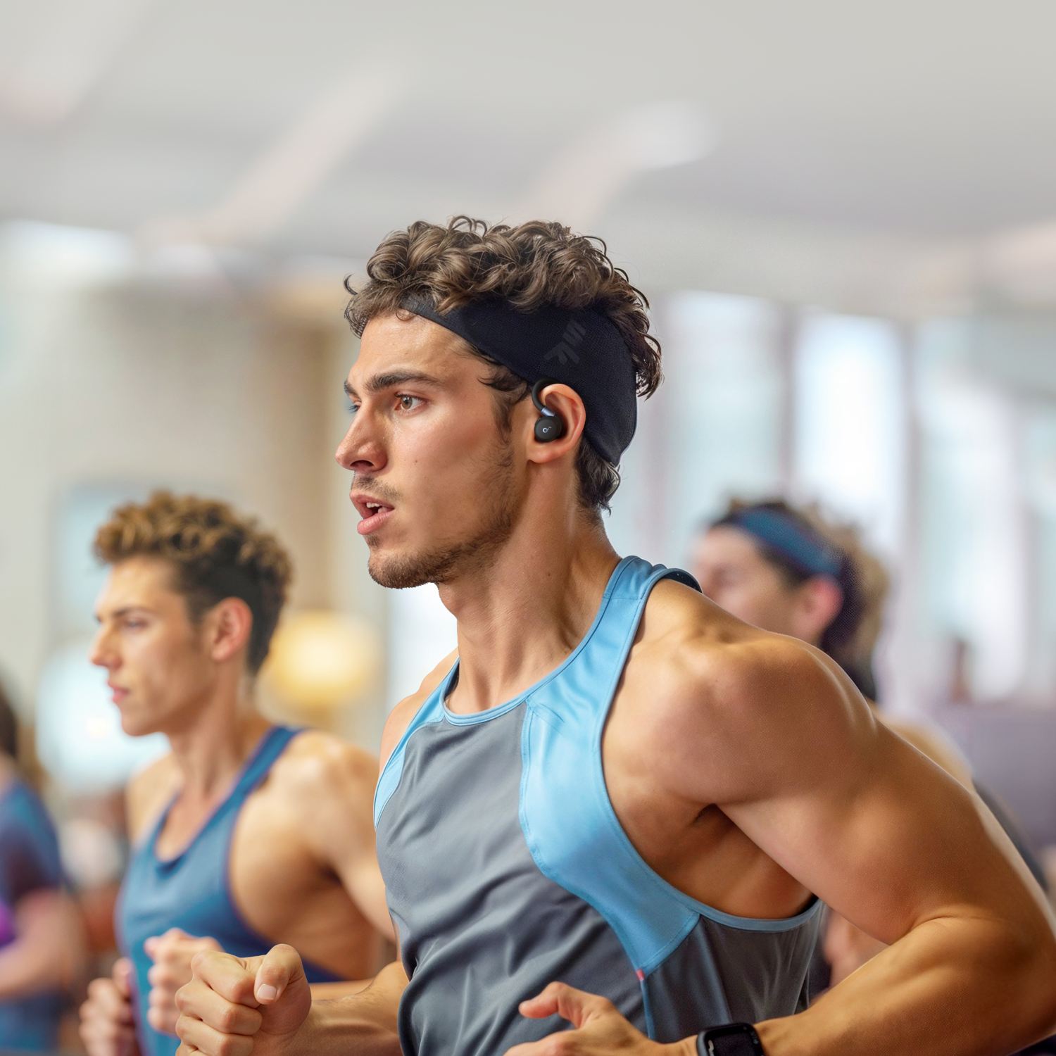 Man die op een loopband rent met oortjes en een hoofdband in een sportschool.