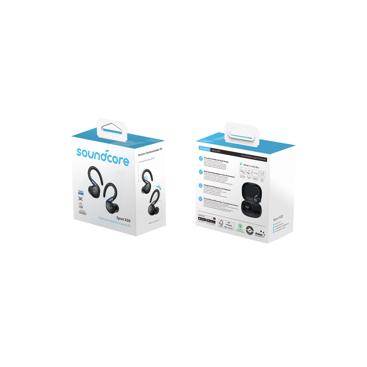 Soundcore Sport X20 oortjesdoos, voor- en achteraanzicht, witte achtergrond.