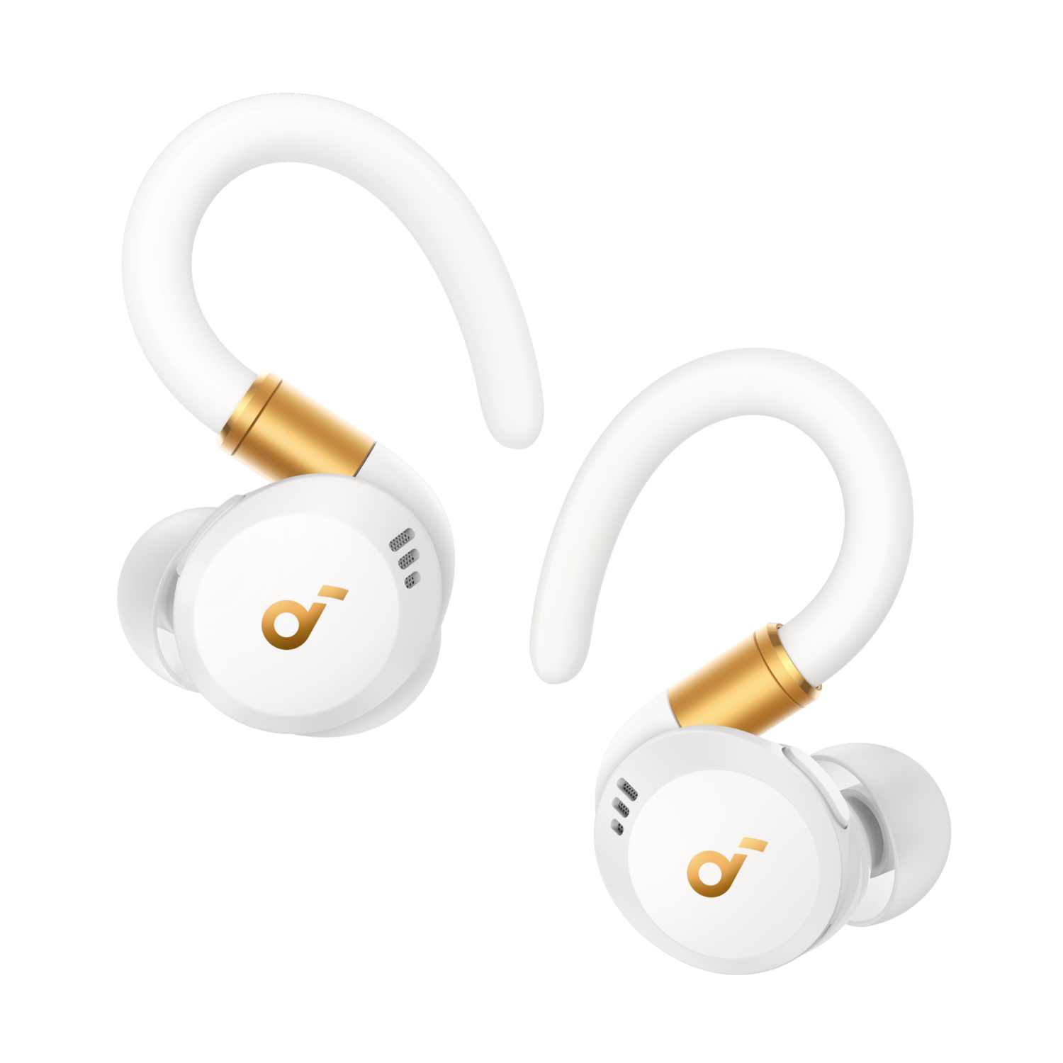 Pair of white earbuds with gold accents. The earbuds have the brand logo on them.