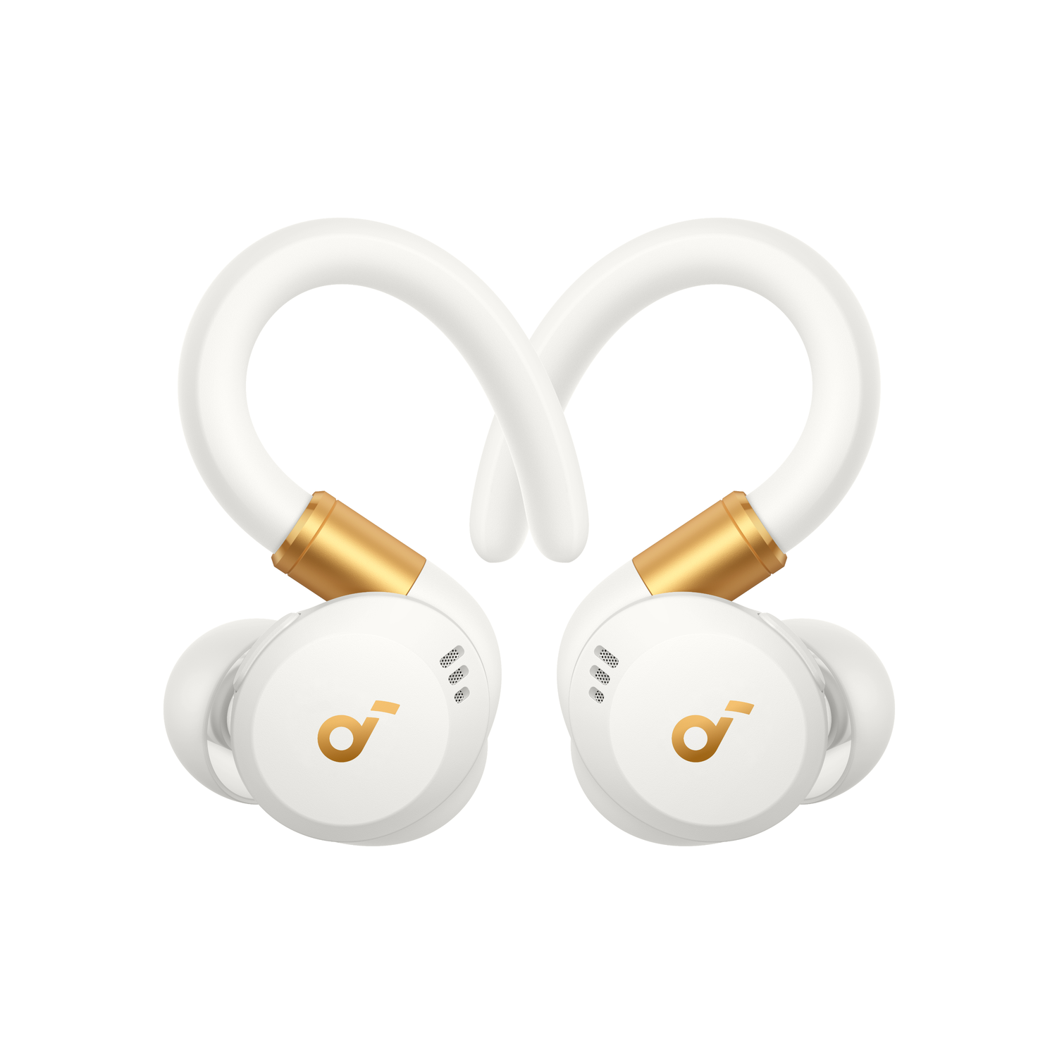 Two white earbuds with gold accents. The earbuds are intertwined. The brand logo is visible.