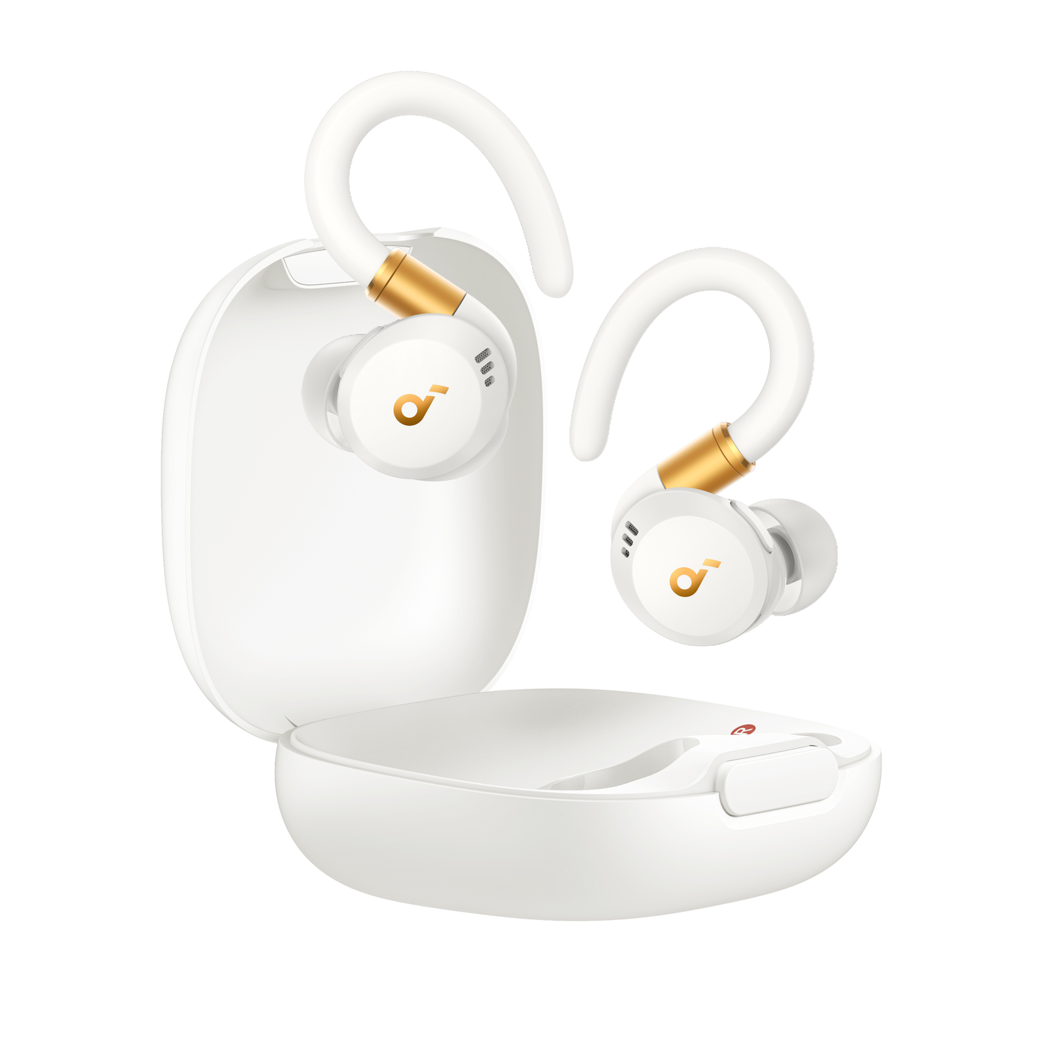 White earbuds in an open charging case. Gold accents and brand logo are visible.