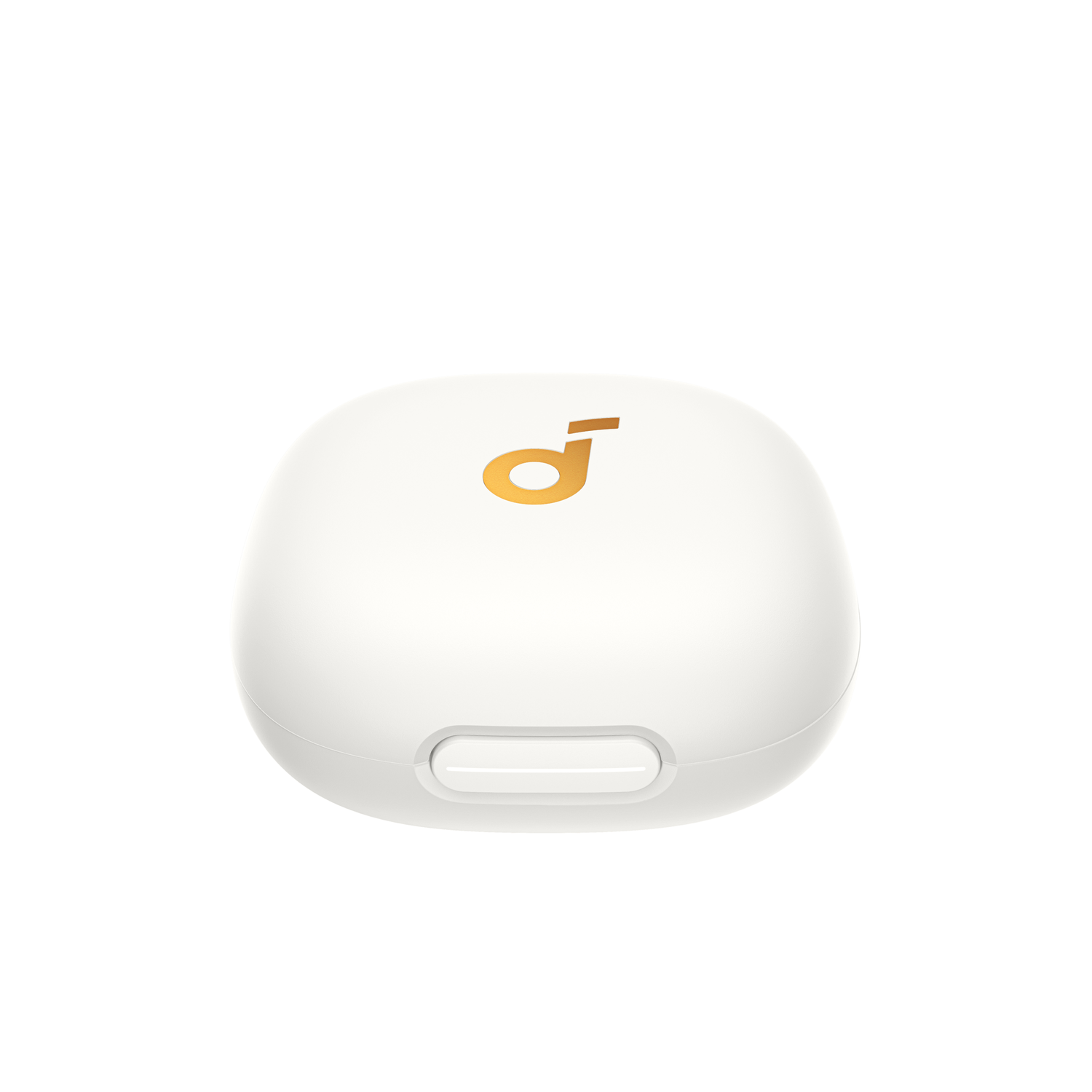White charging case with a gold logo. The case is closed and has a small opening.