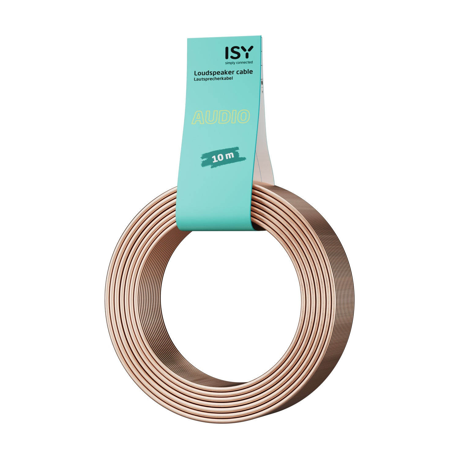 Cavo altoparlante a spirale con etichetta. L'etichetta è azzurra e dice AUDIO e 10 m.