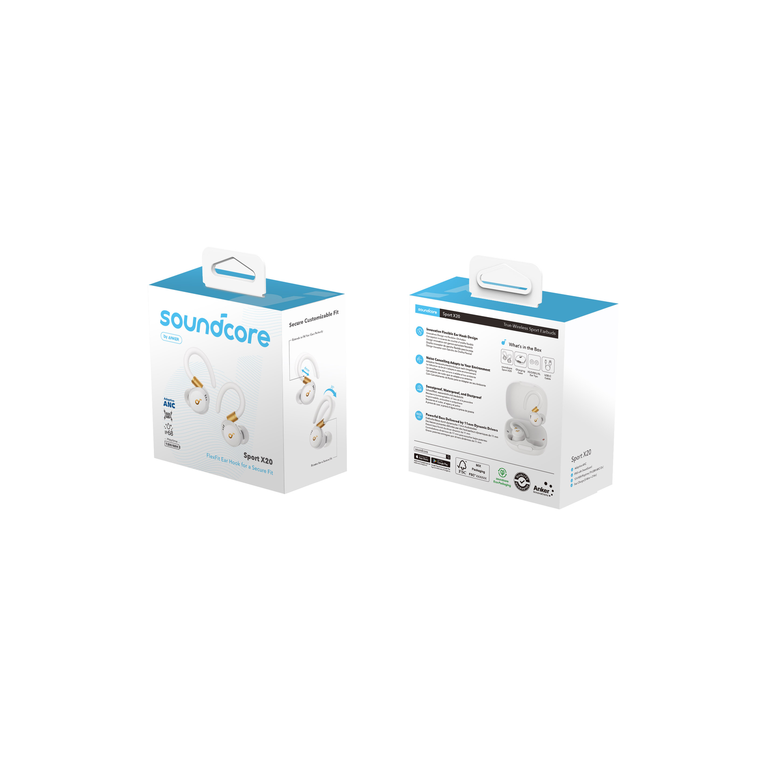 Product packaging for earbuds. The box is white and blue. The earbuds are visible on the packaging.
