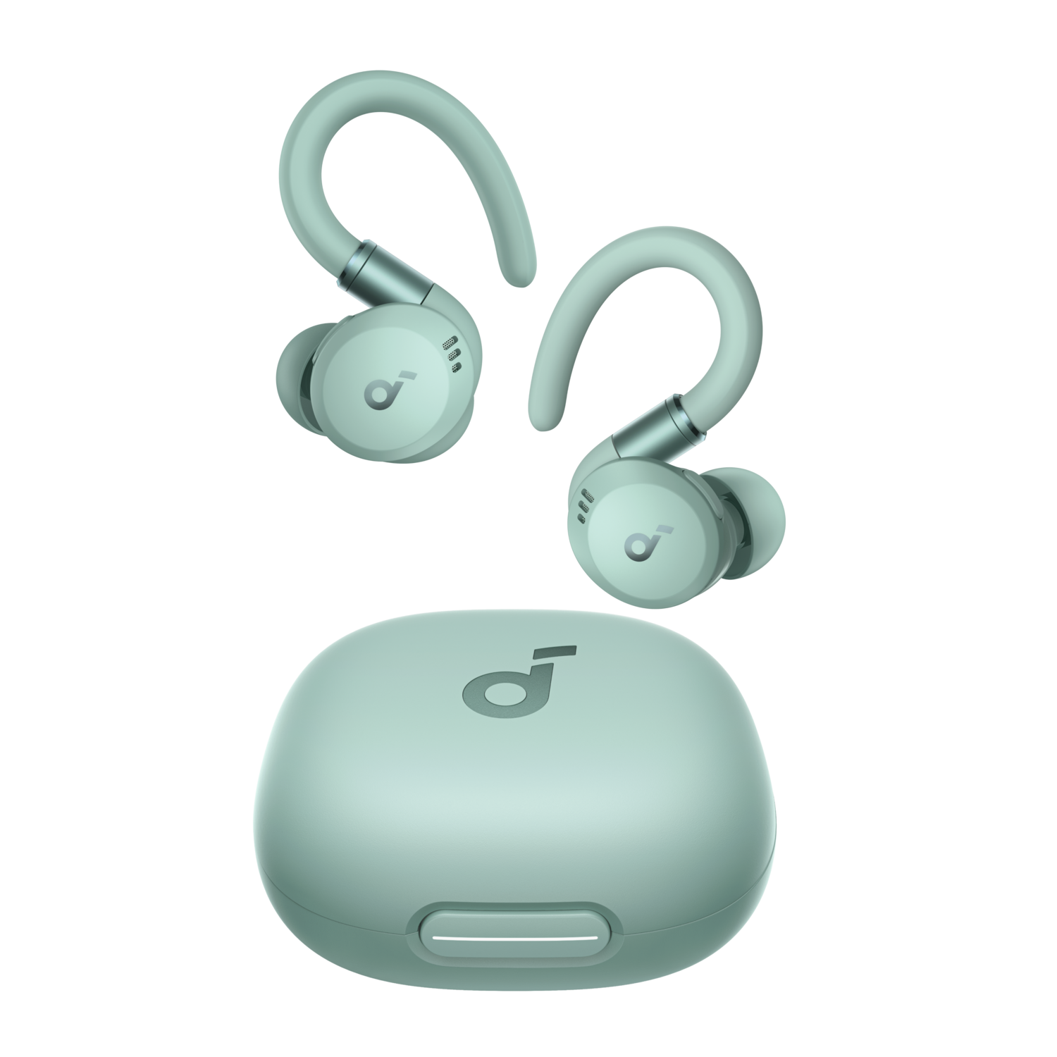 Pair of mint-colored earbuds with their charging case. Brand logo is visible.