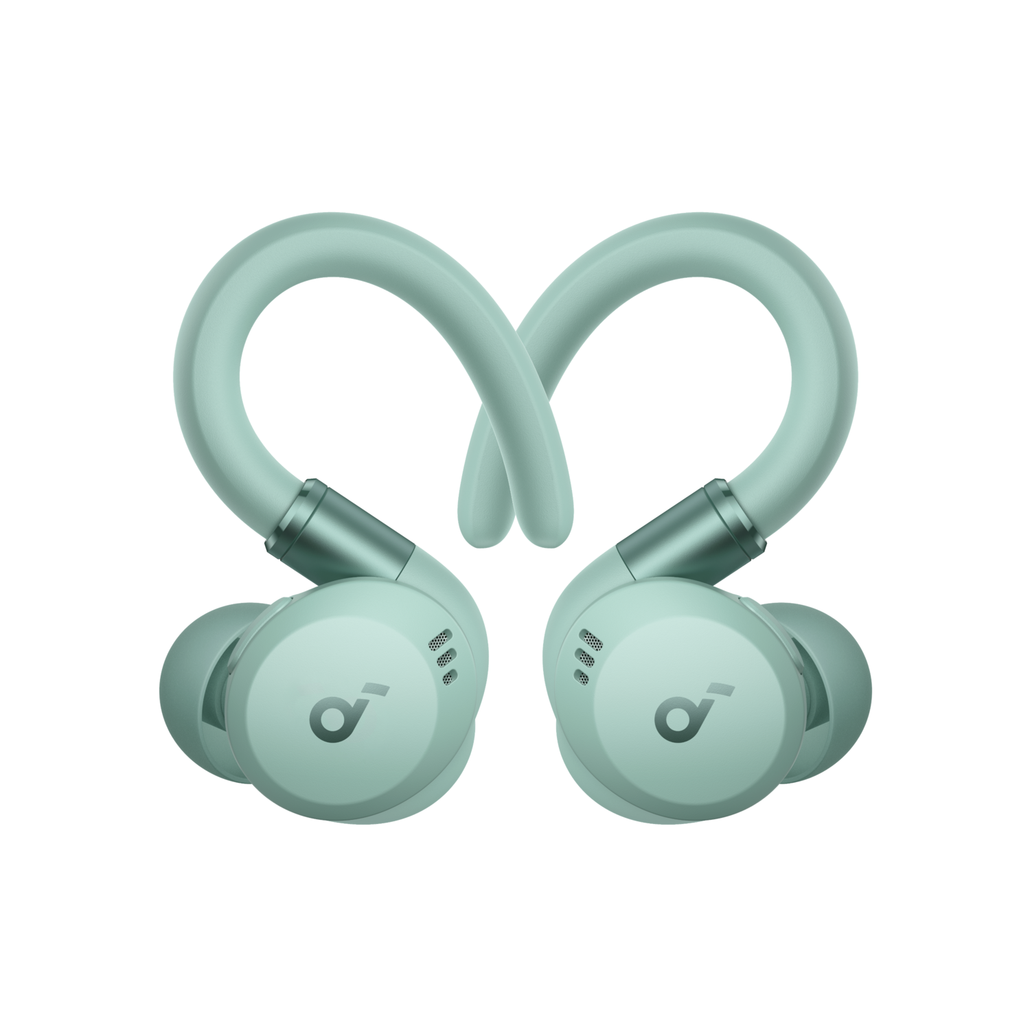 Two mint-colored earbuds intertwined. The brand logo is visible.