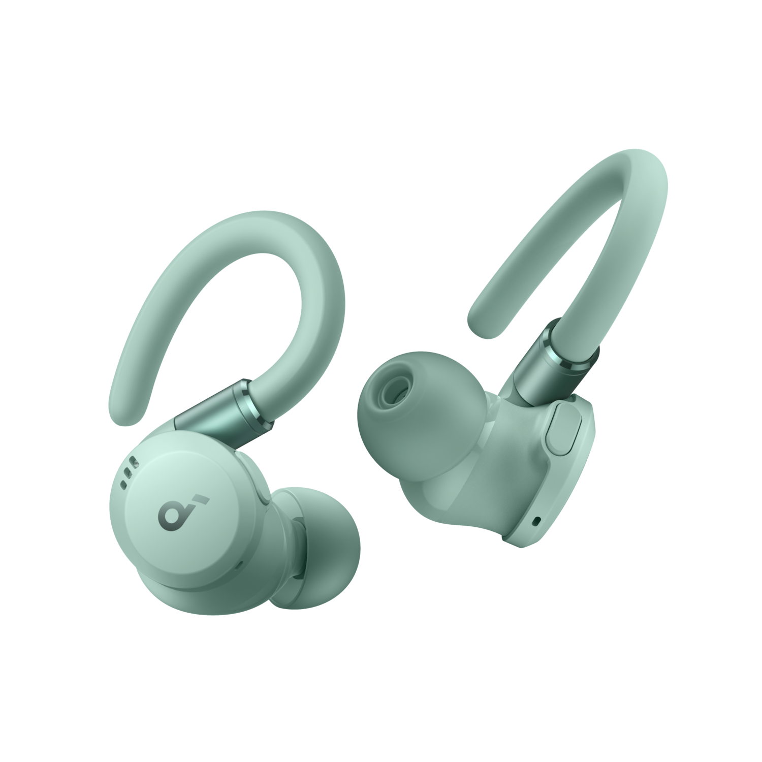 Pair of mint-colored earbuds. The earbuds are in perspective. Brand logo visible.