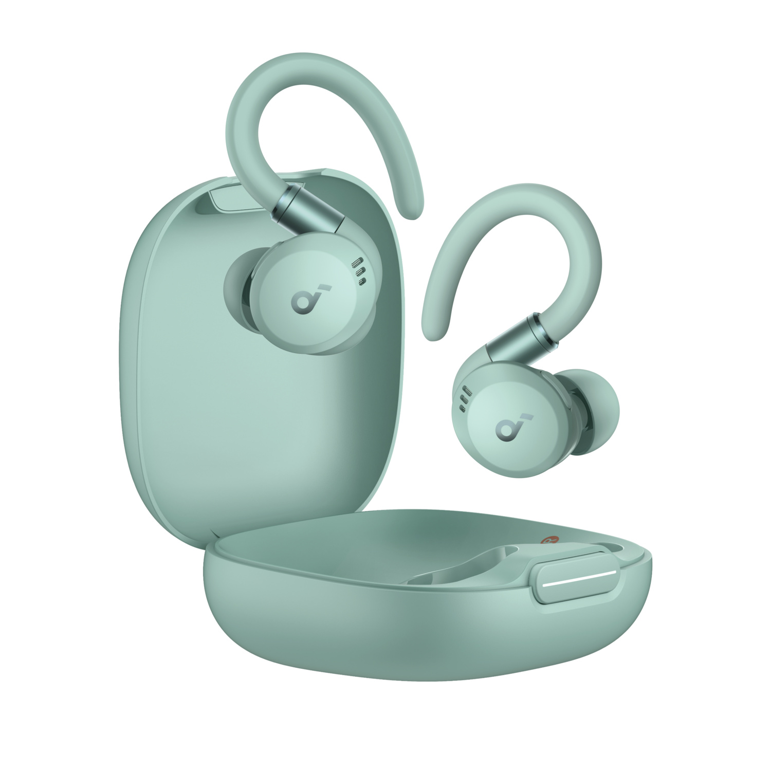 Green earbuds with hooks and charging case. One earbud is separate. Black background.