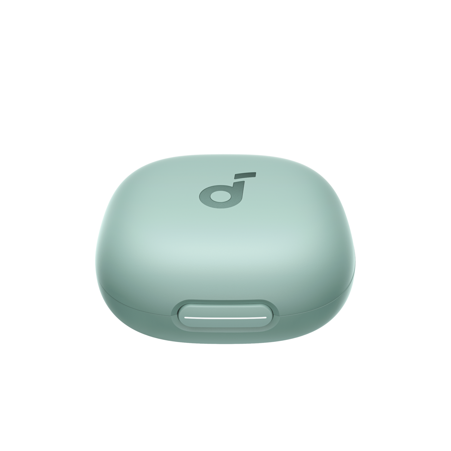 Closed, green charging case with a button and a logo. Black background.