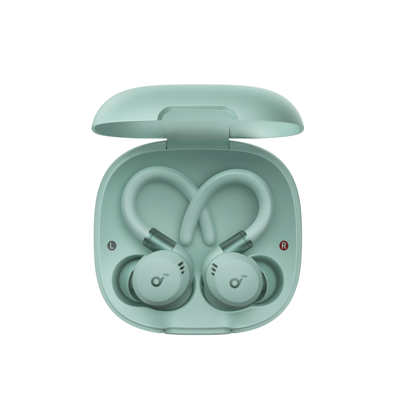 Green earbuds inside an open charging case. The left and right earbuds are visible.