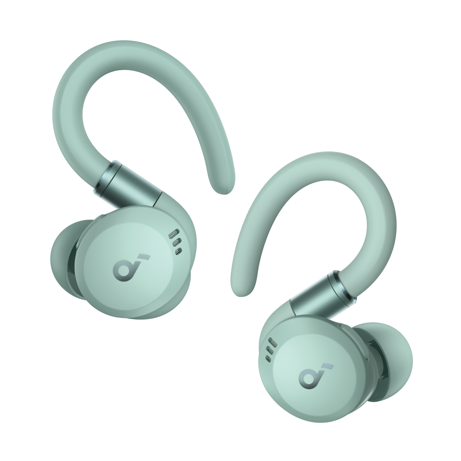 Two green earbuds with hooks. Each has a logo. The background is black.