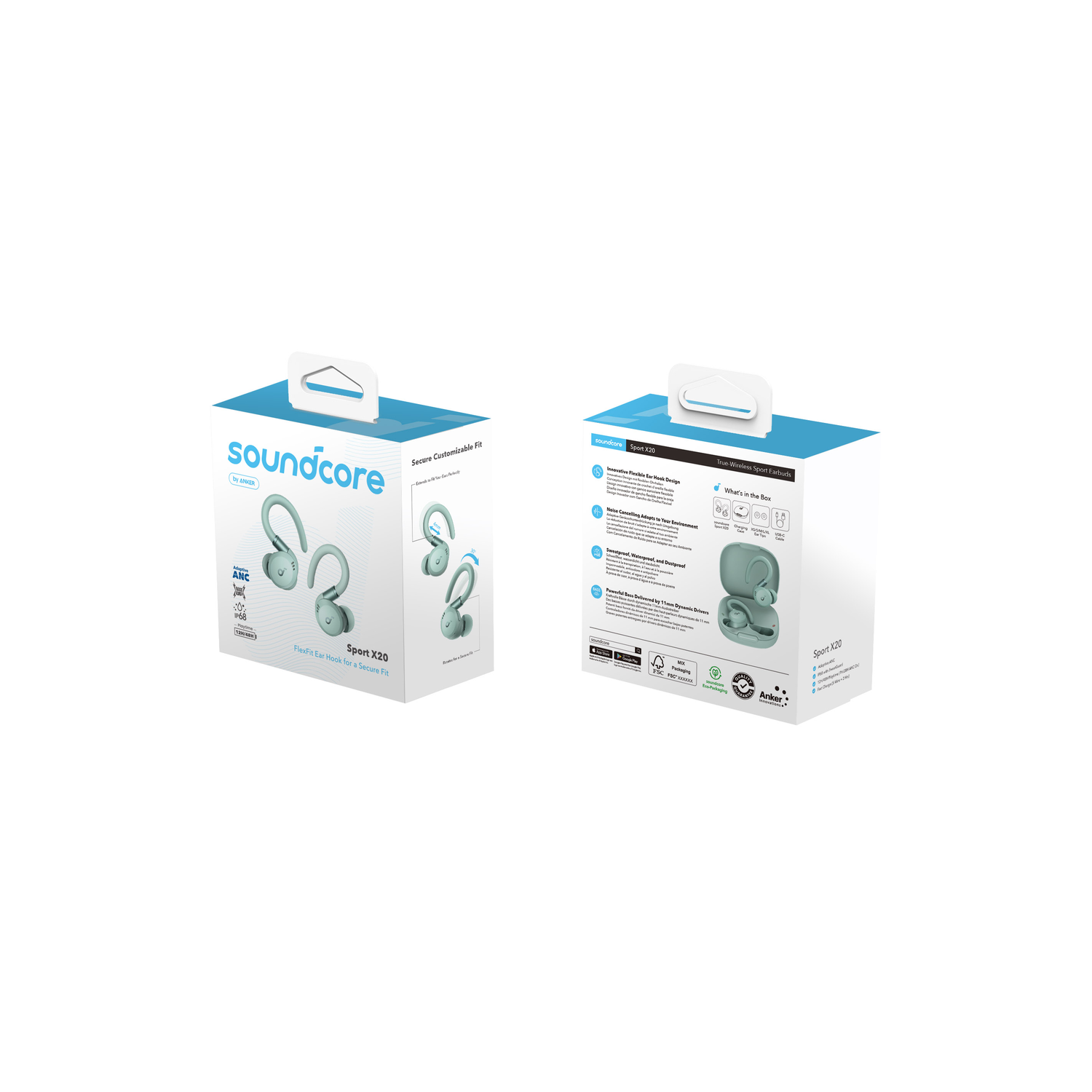 Two boxes of Soundcore Sport X30 earbuds. The boxes have images and text.