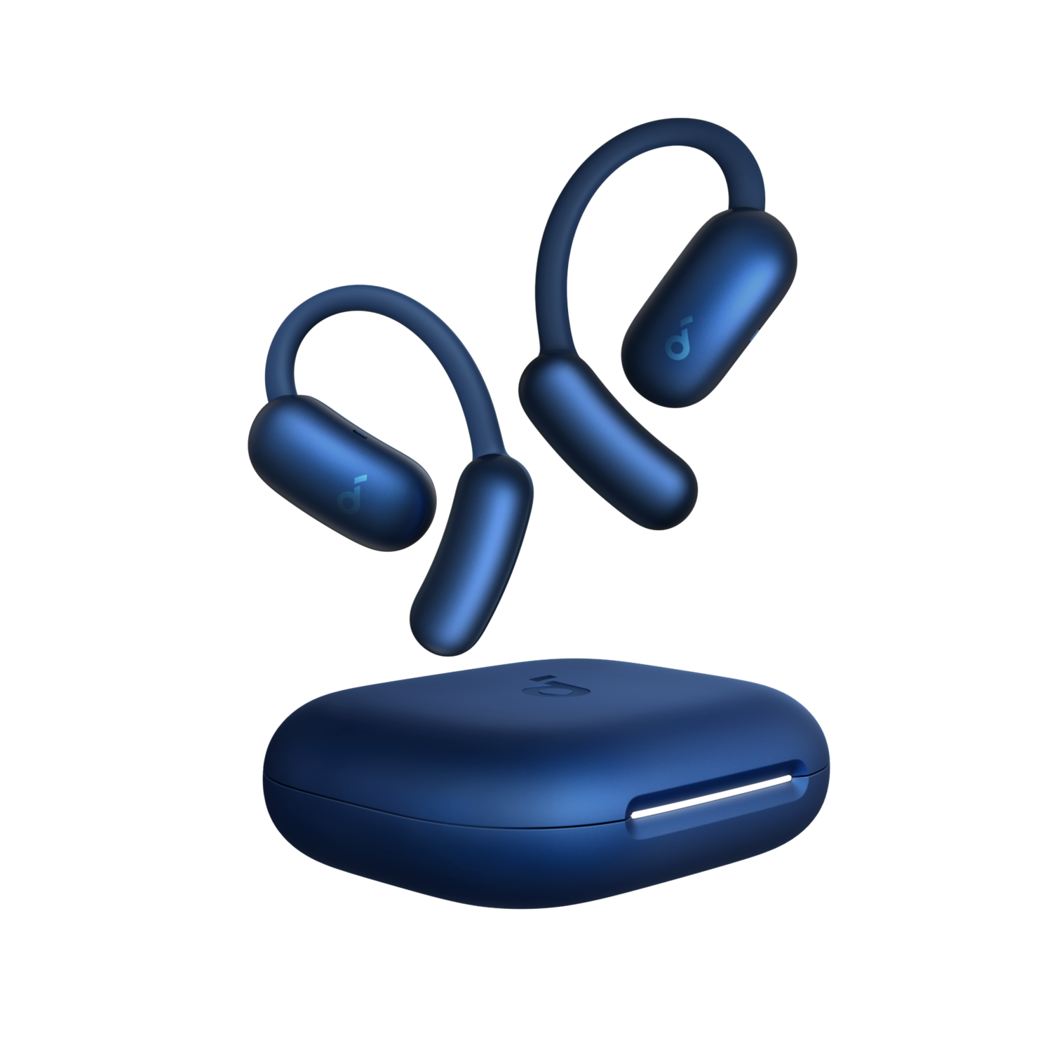 Blue earbuds and charging case on a black background.
