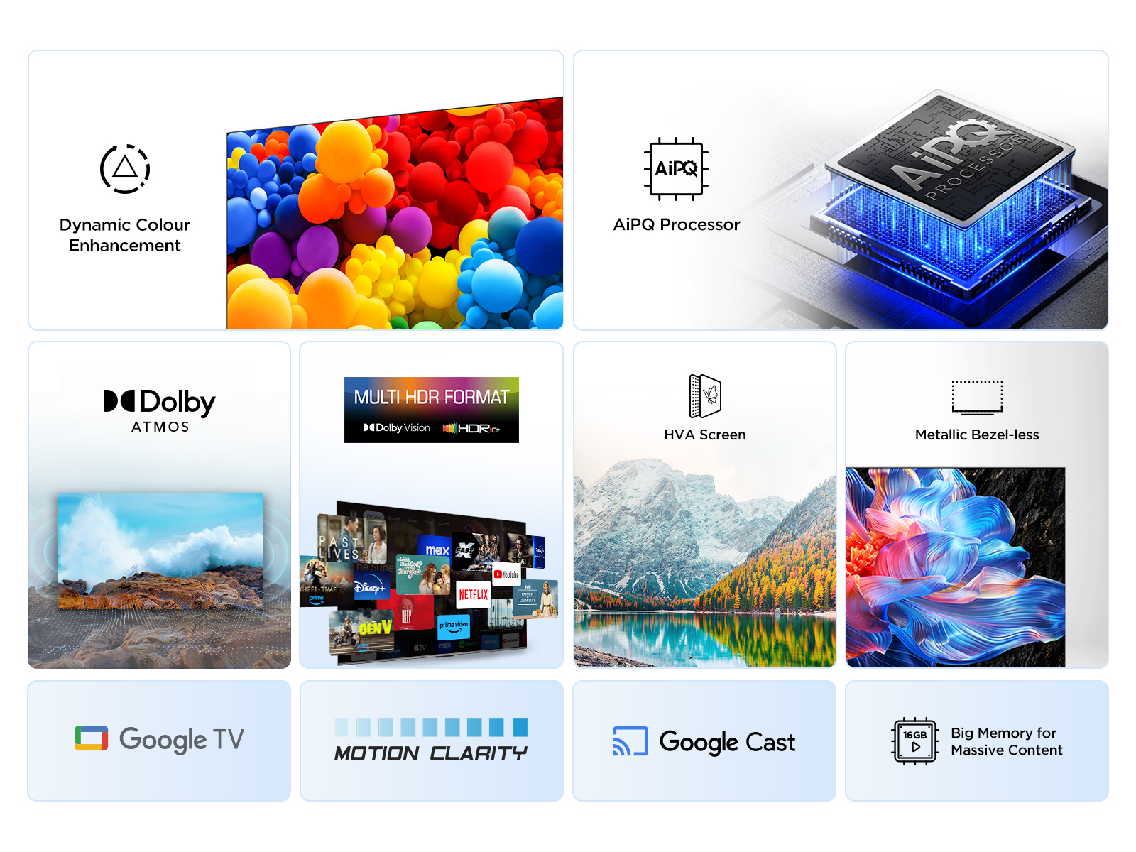 Características de TV: mejora de color, procesador AI, Dolby Atmos, Google TV, etc.