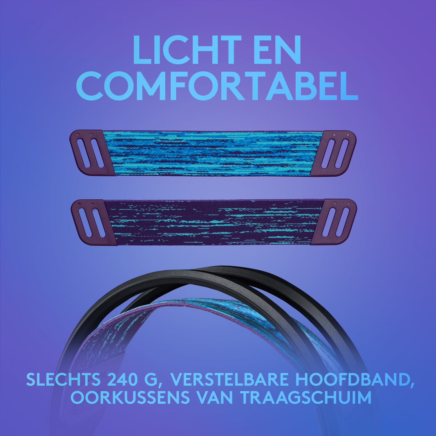 Image with text, two headbands in blue and purple with text 
