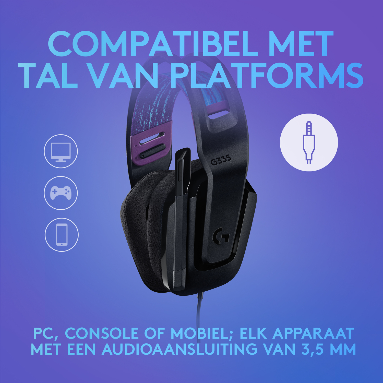 Gaming headset, black with icons for PC, console, and mobile with a 3.5mm audio jack.