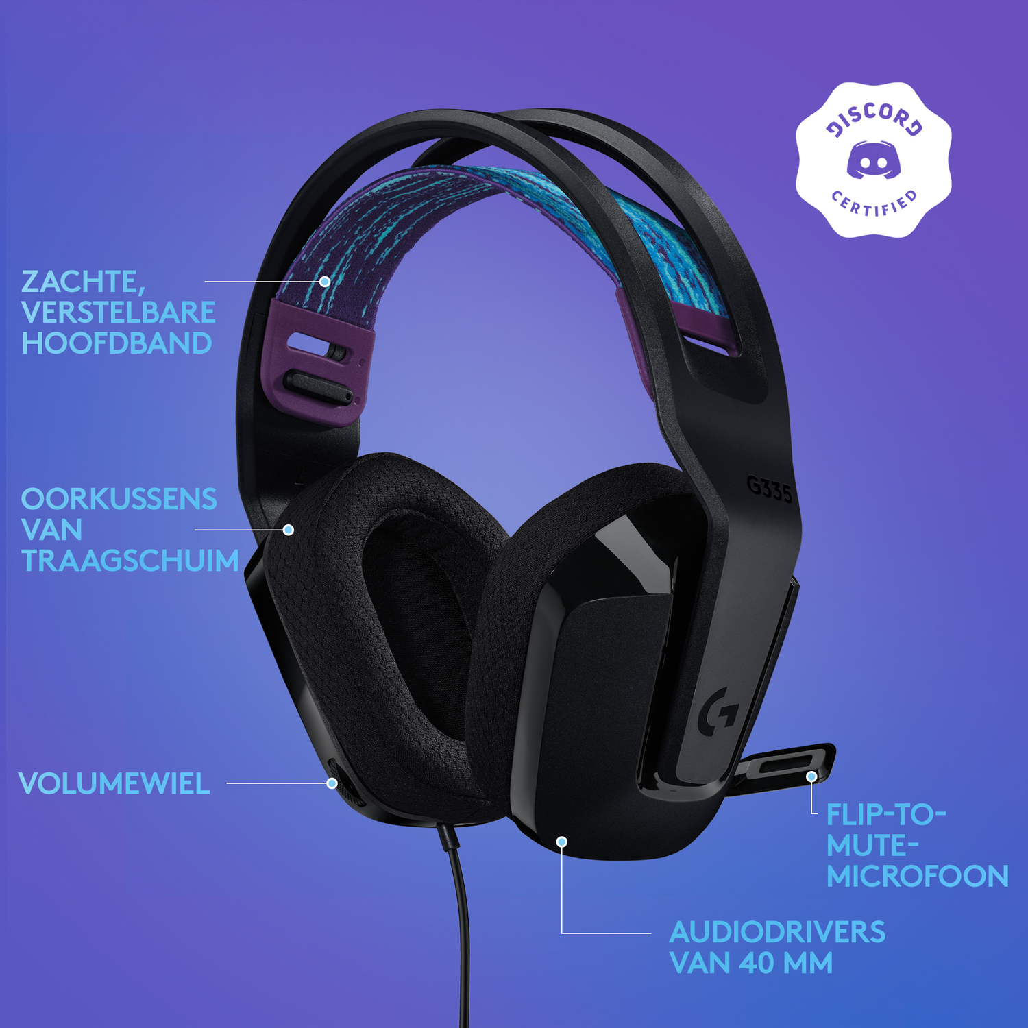 Gaming headset: headband, earcups, volume wheel, and flip-to-mute microphone.