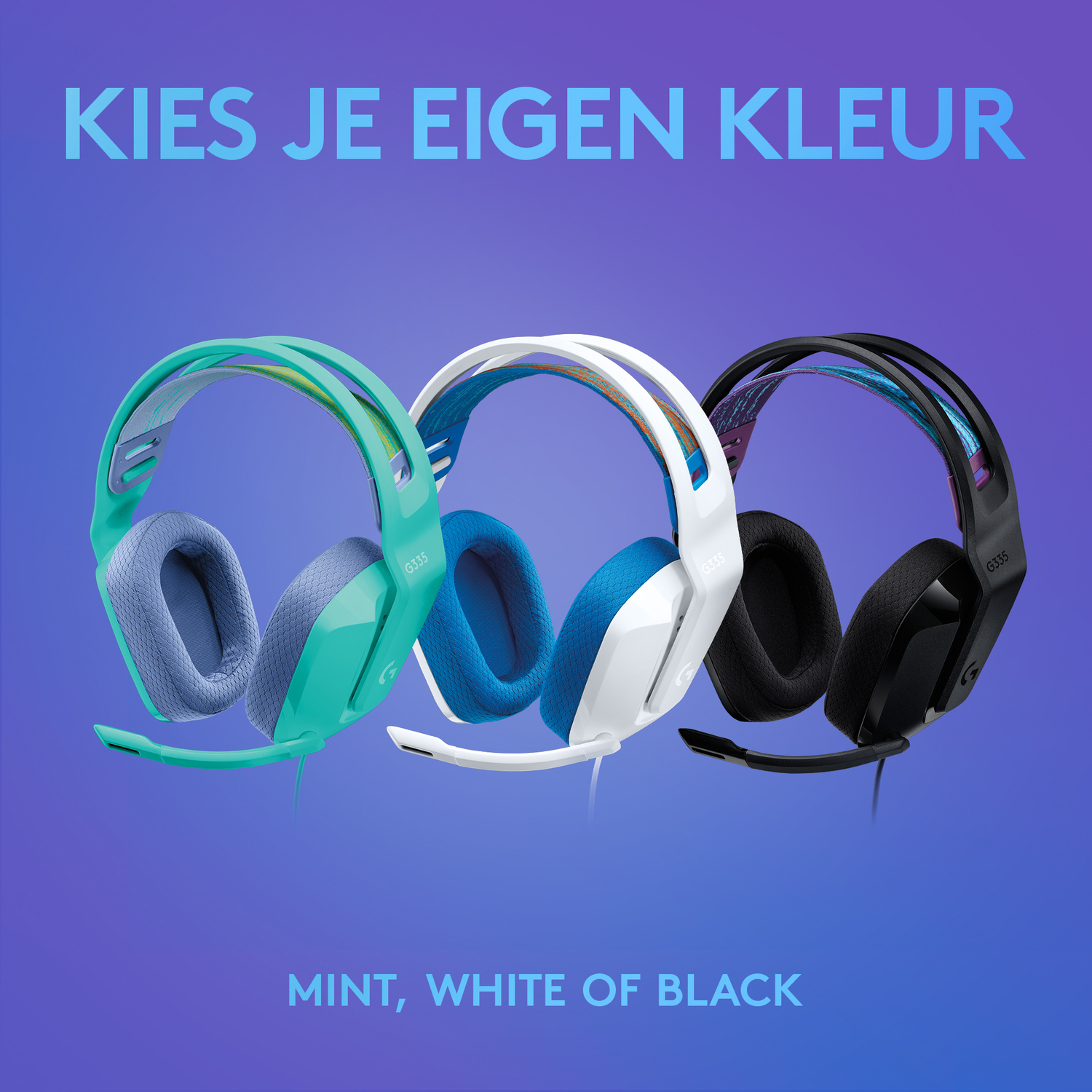 Three gaming headsets, mint, white, and black with blue, white, and black headbands.