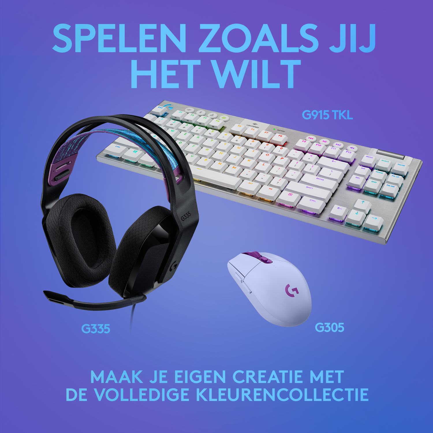 Gaming setup: headset, keyboard, and mouse on a purple gradient background.
