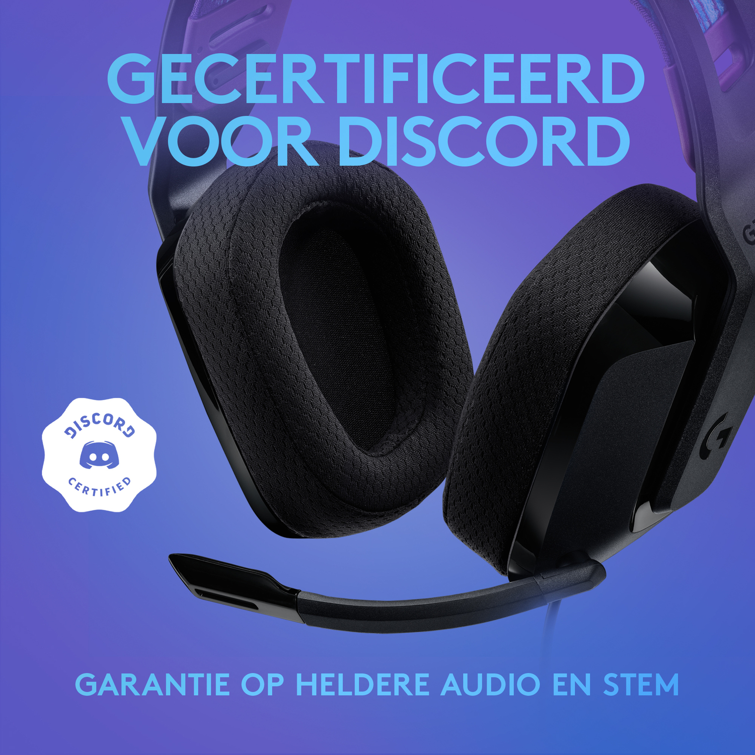 Black headset with a microphone, Discord certified logo, on a purple background.