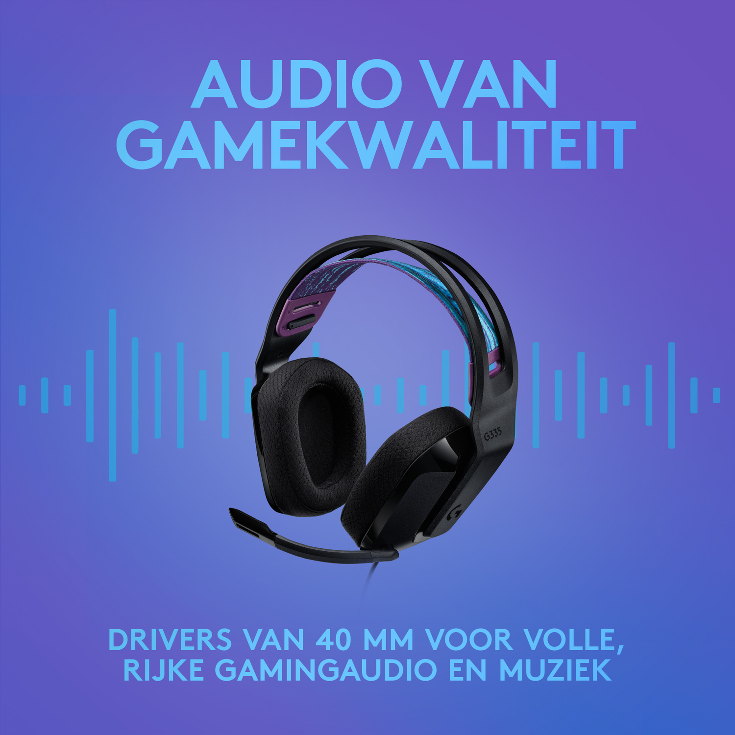 Black headset with blue soundwaves illustration, on a purple gradient background.