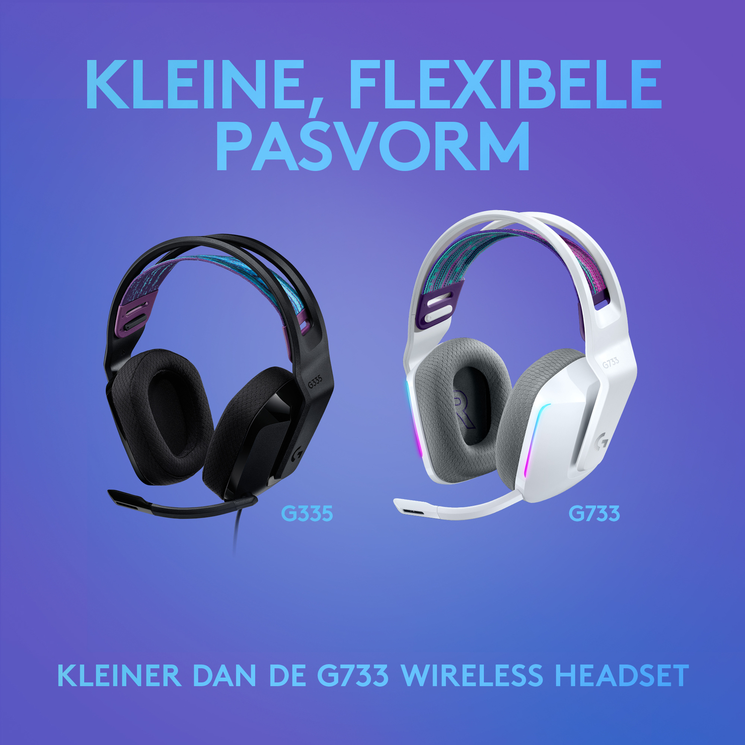 Two headsets: black G335 and white G733, on a purple gradient background.