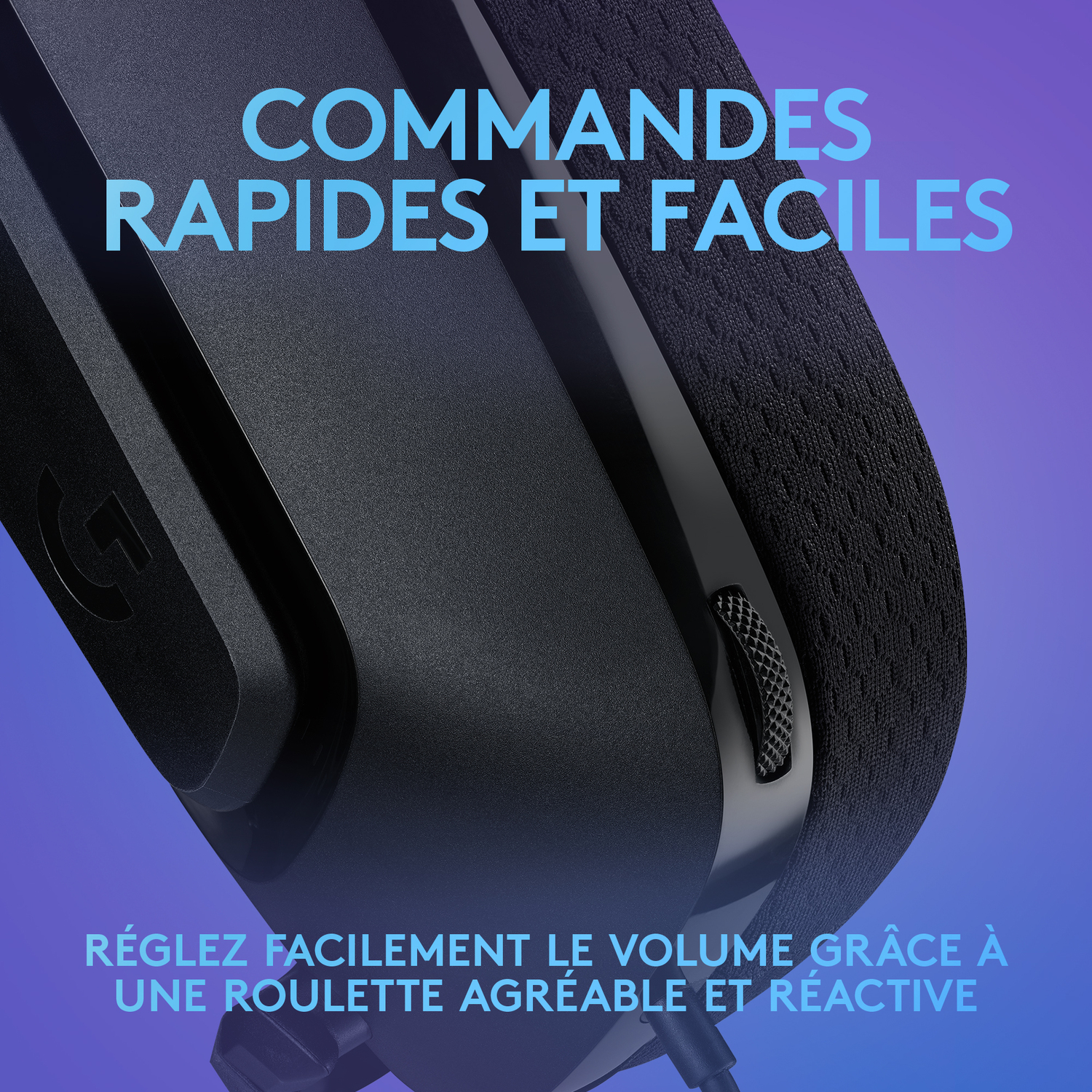 Gros plan d'un casque de jeu noir avec texte français : "RAPIDES ET FACILES" et "RÉGLEZ FACILEMENT LE VOLUME" sur fond dégradé violet.
