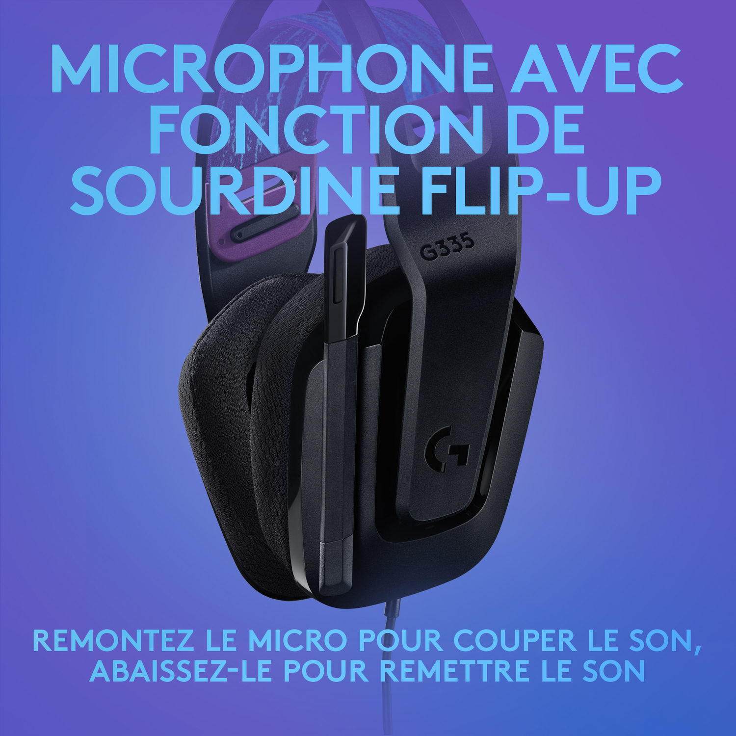 Casque G335 noir avec micro à bascule pour couper le son. Texte : Microphone avec fonction de sourdine flip-up. Relevez pour couper, abaissez pour réactiver.