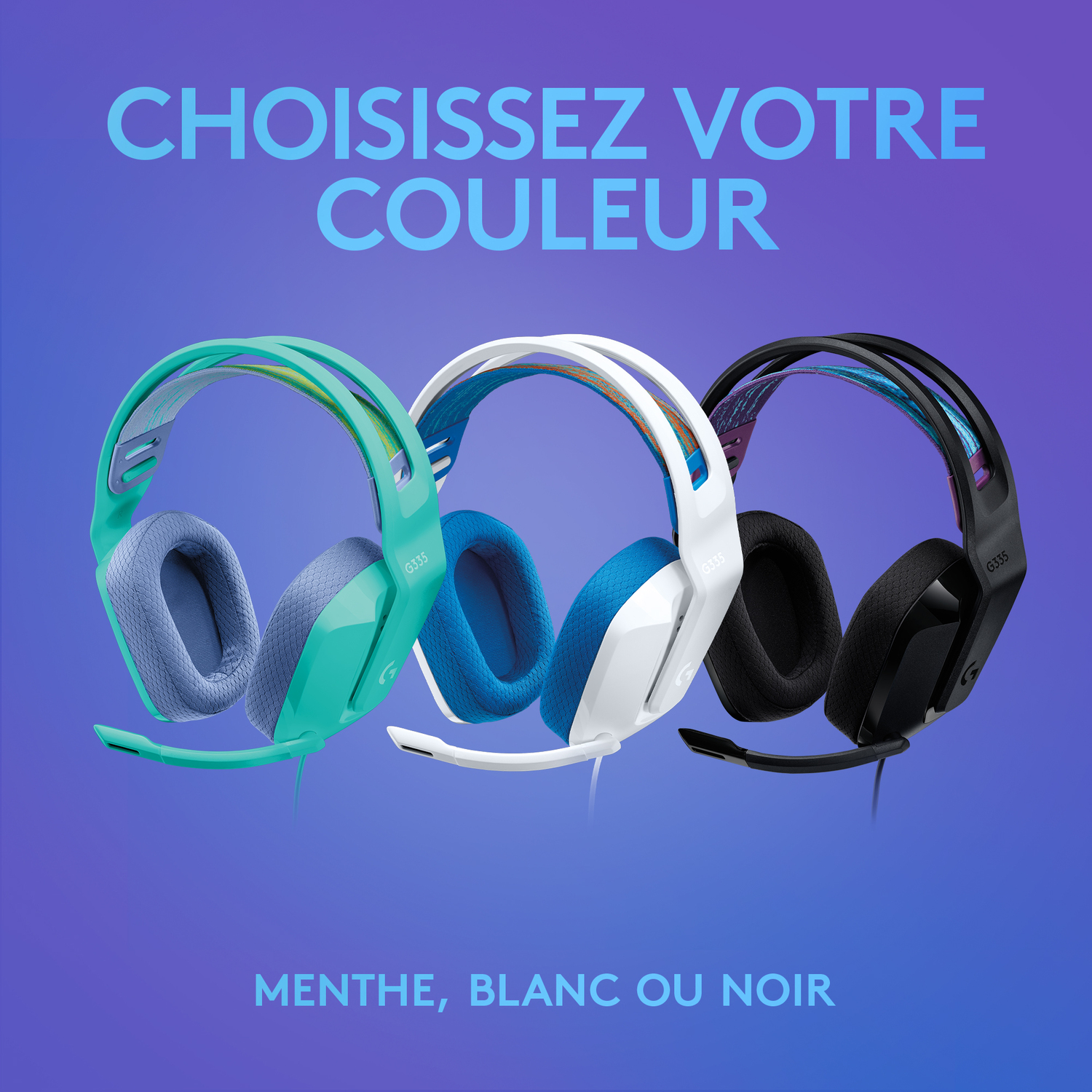 Trois casques, menthe, blanc et noir, sont affichés sur un fond dégradé violet. Le texte indique : 'Choisissez votre couleur'.