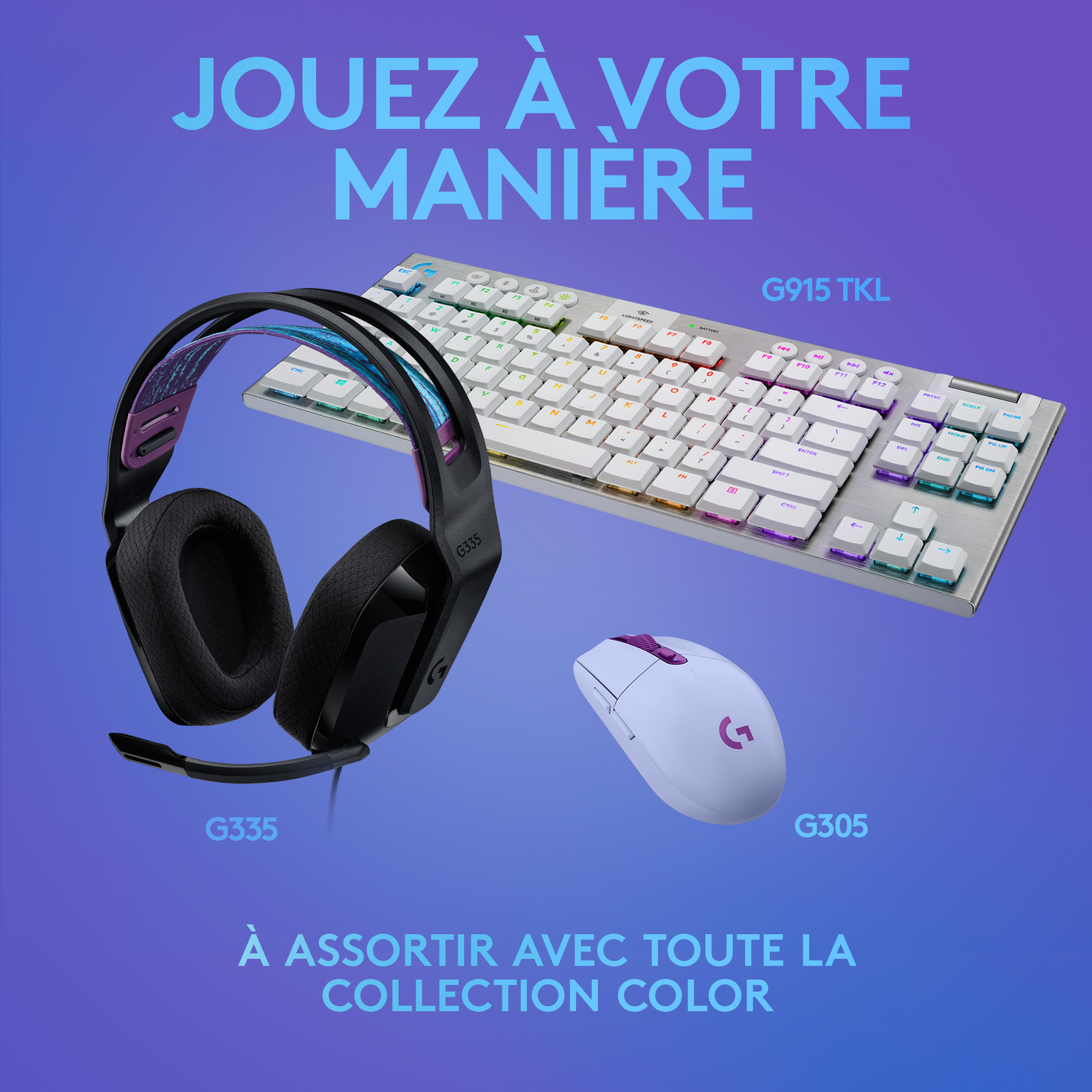 Un ensemble de jeu avec un casque, un clavier et une souris. Le clavier est blanc, la souris est lilas clair, et le fond est bleu.