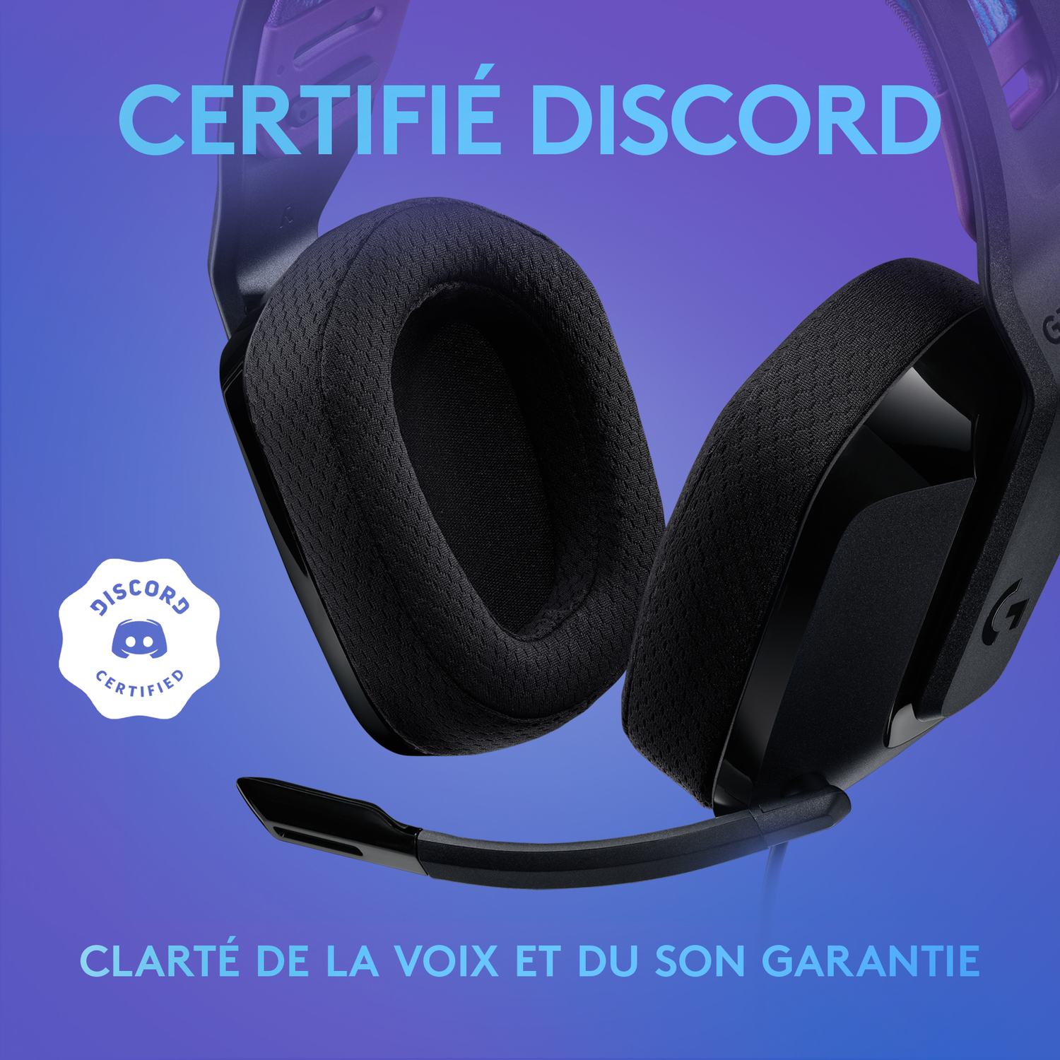 Casque noir avec micro, logo certifié Discord, sur fond bleu dégradé, avec texte 'Certifié Discord' et 'Clarté de la voix'.