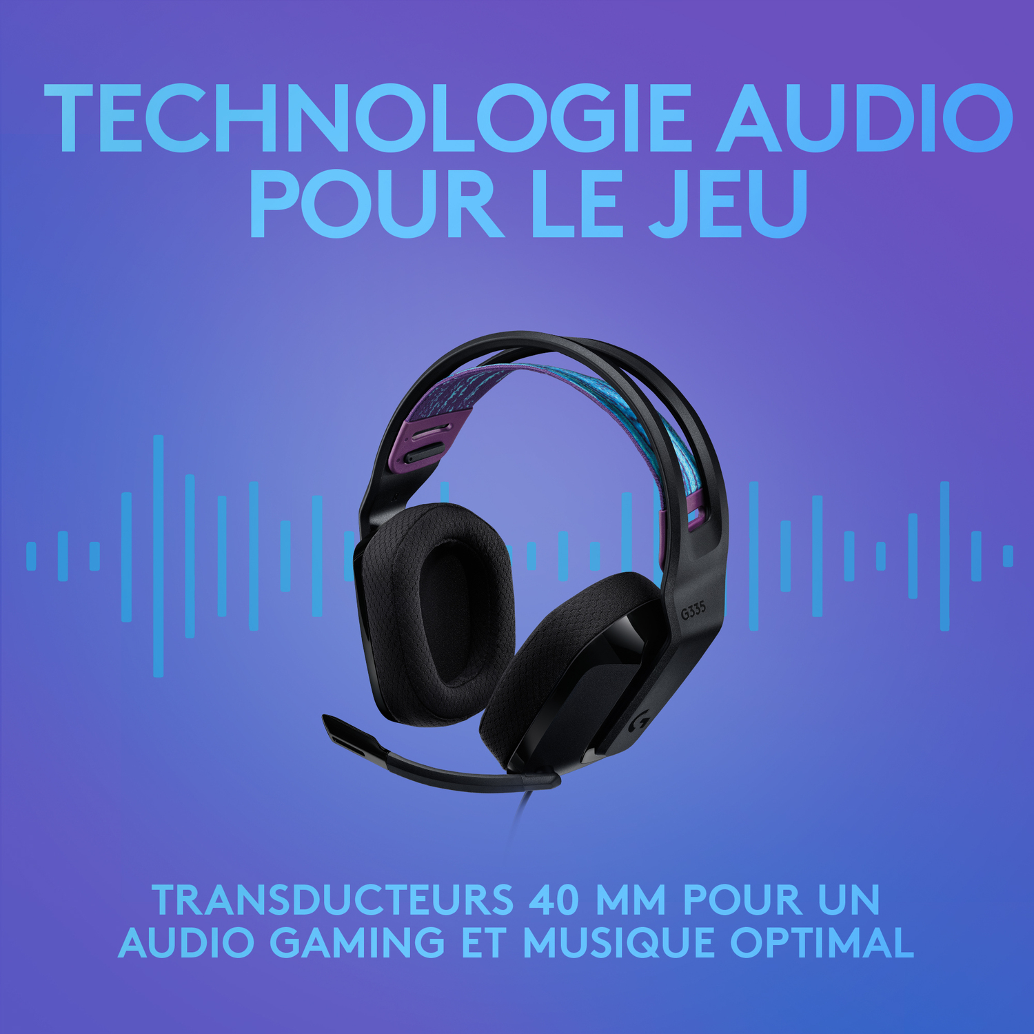 Black gaming headset with microphone on a blue gradient background. Text: Audio technology for gaming and 40mm drivers.