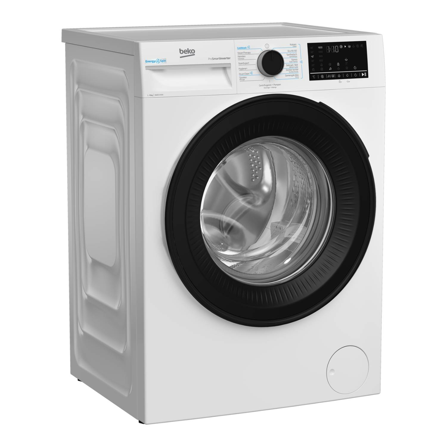 Een witte Beko wasmachine. Het heeft een zwarte deurrand en een digitaal display. De machine staat op een witte achtergrond.