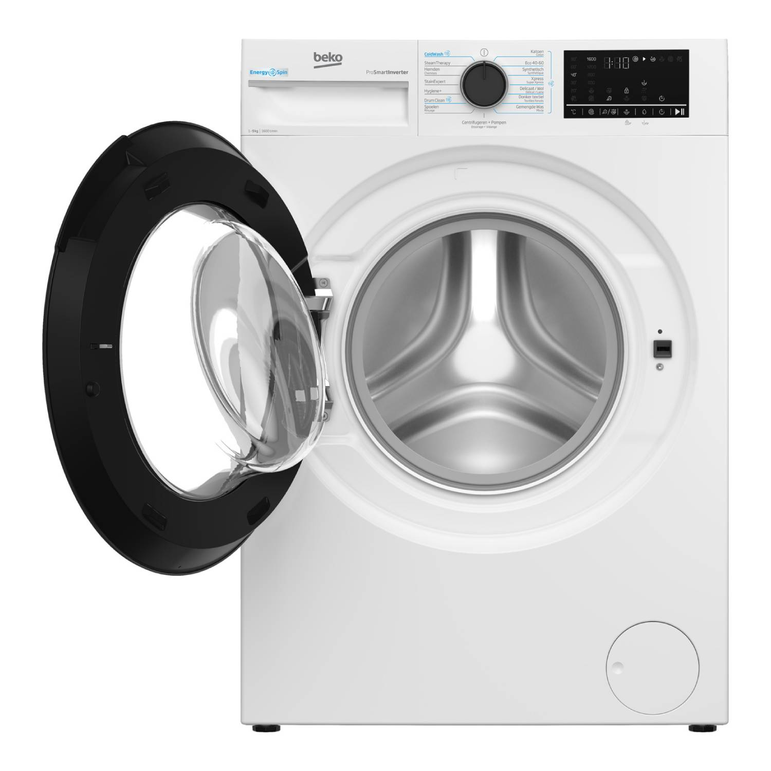 Witte Beko wasmachine, deur open. Zwart deurframe. Bedieningspaneel rechts, met diverse wasprogramma's.