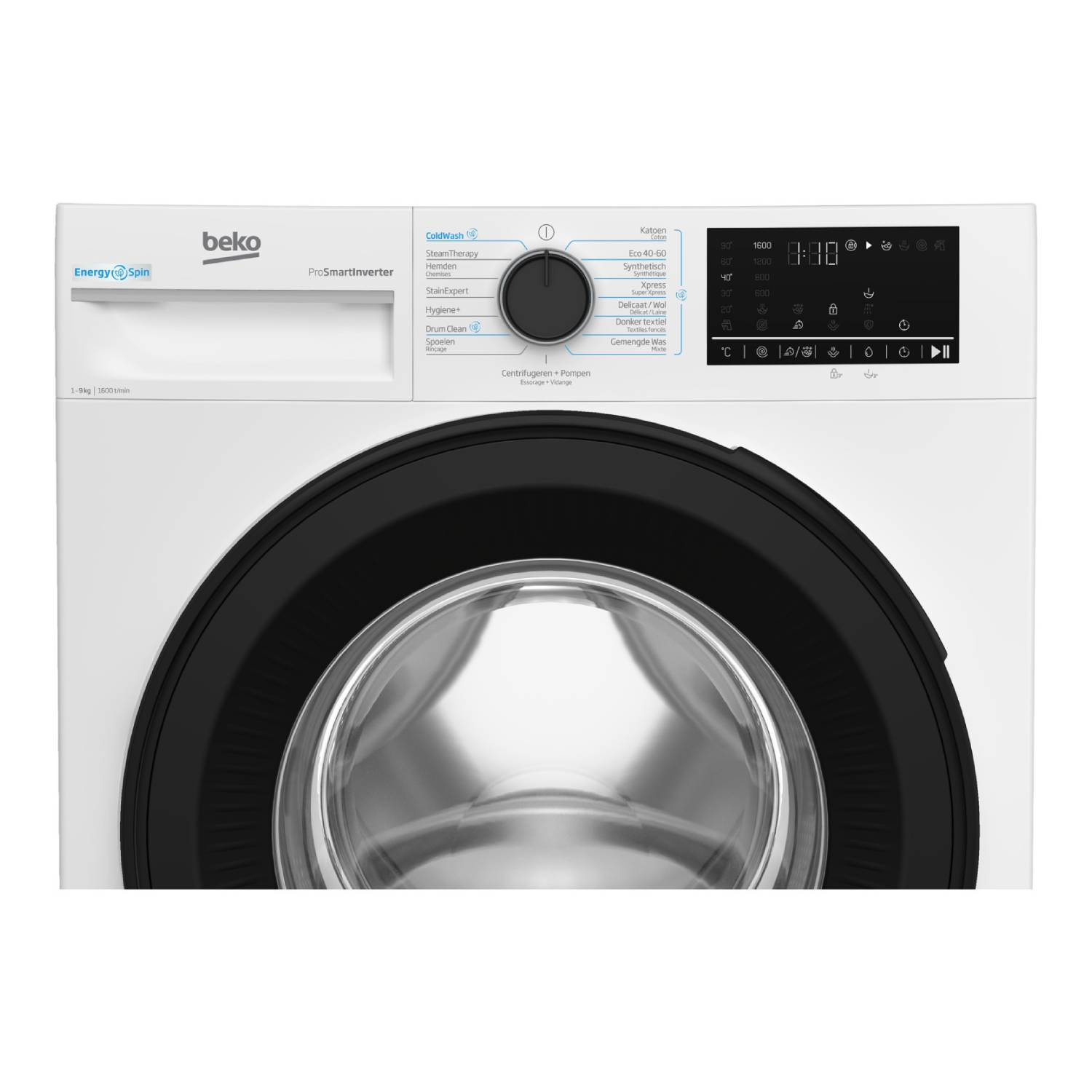 Een Beko wasmachine, wit en zwart. Het heeft een digitaal display met instellingen en een grote voordeur.