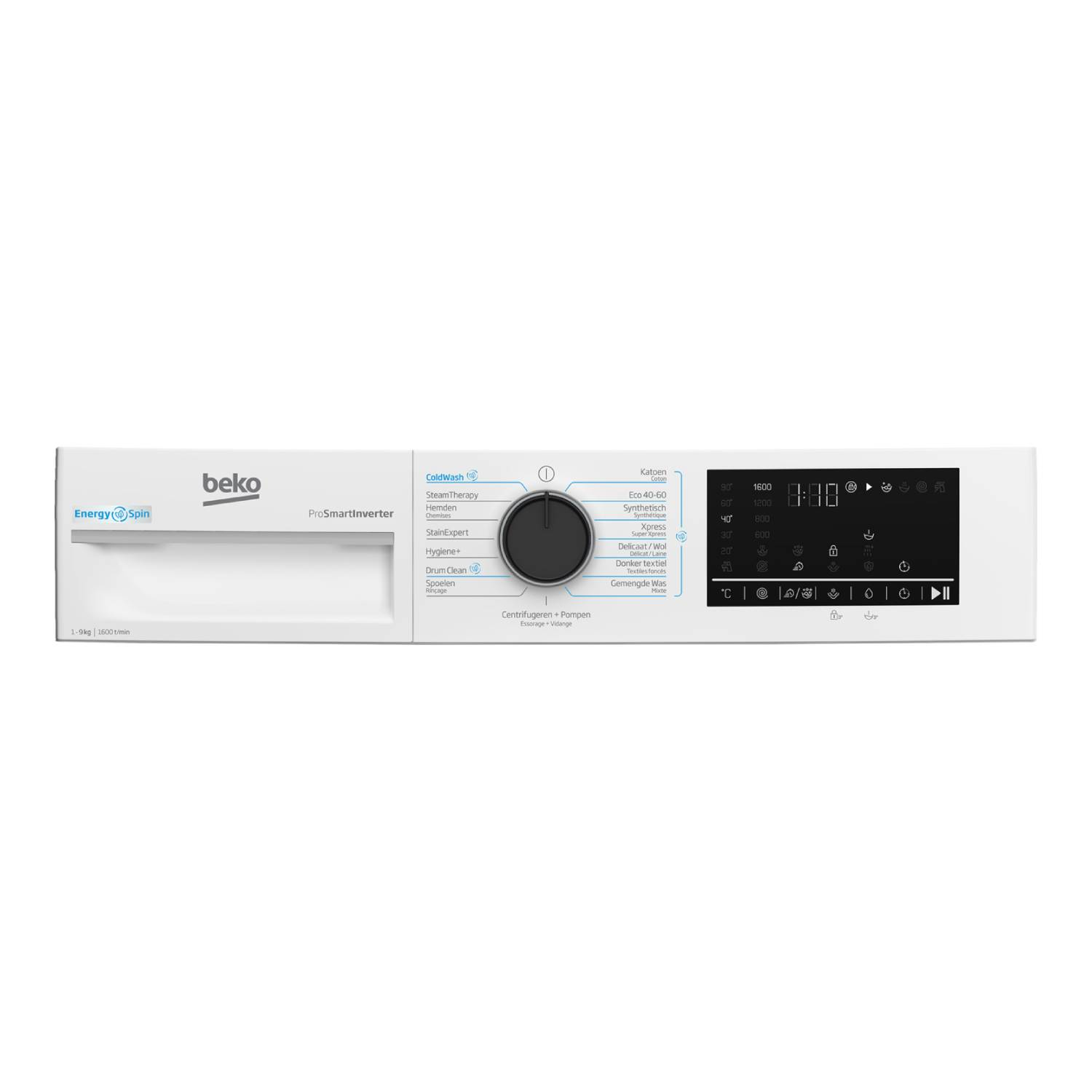 Wit Beko wasmachine bedieningspaneel met diverse programma's en een digitaal display.