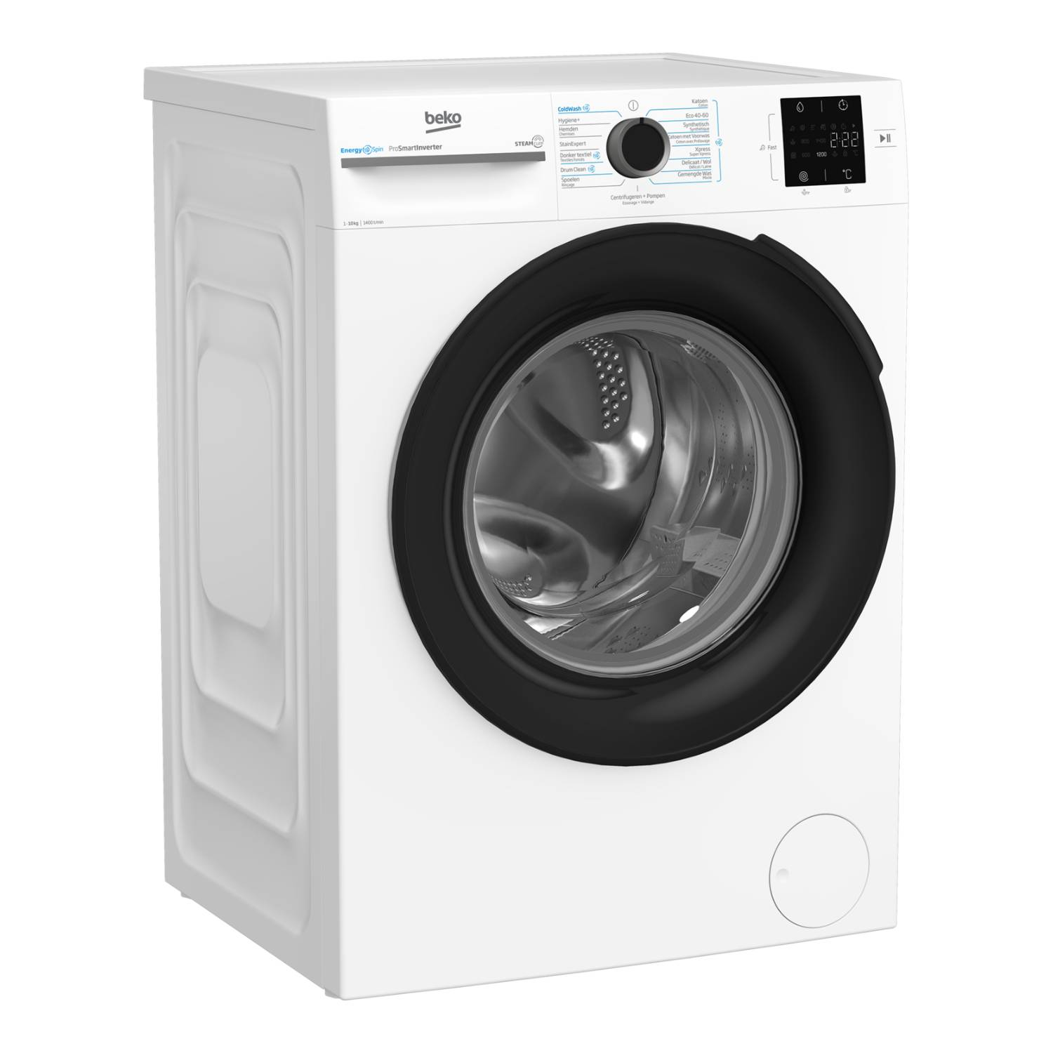 Een witte Beko wasmachine met een zwarte deur. Bediening en digitaal display bovenop. De trommel is zichtbaar.